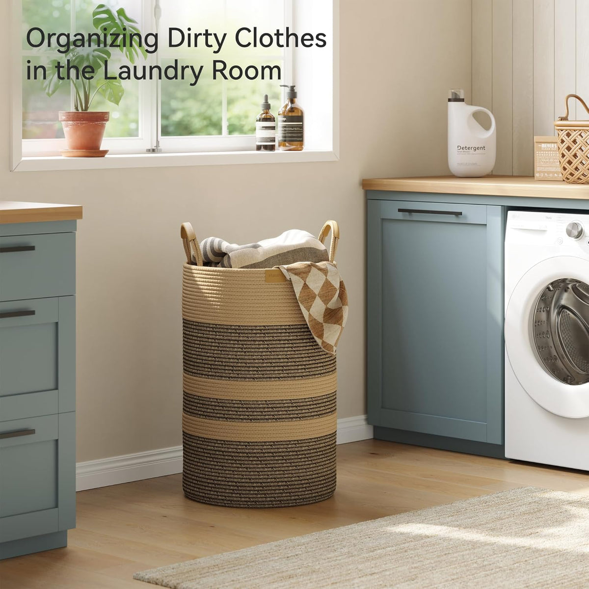 75L Striped Laundry Hamper with Leather Handles,Large Foldable Laundry Basket for Clothes,Cotton