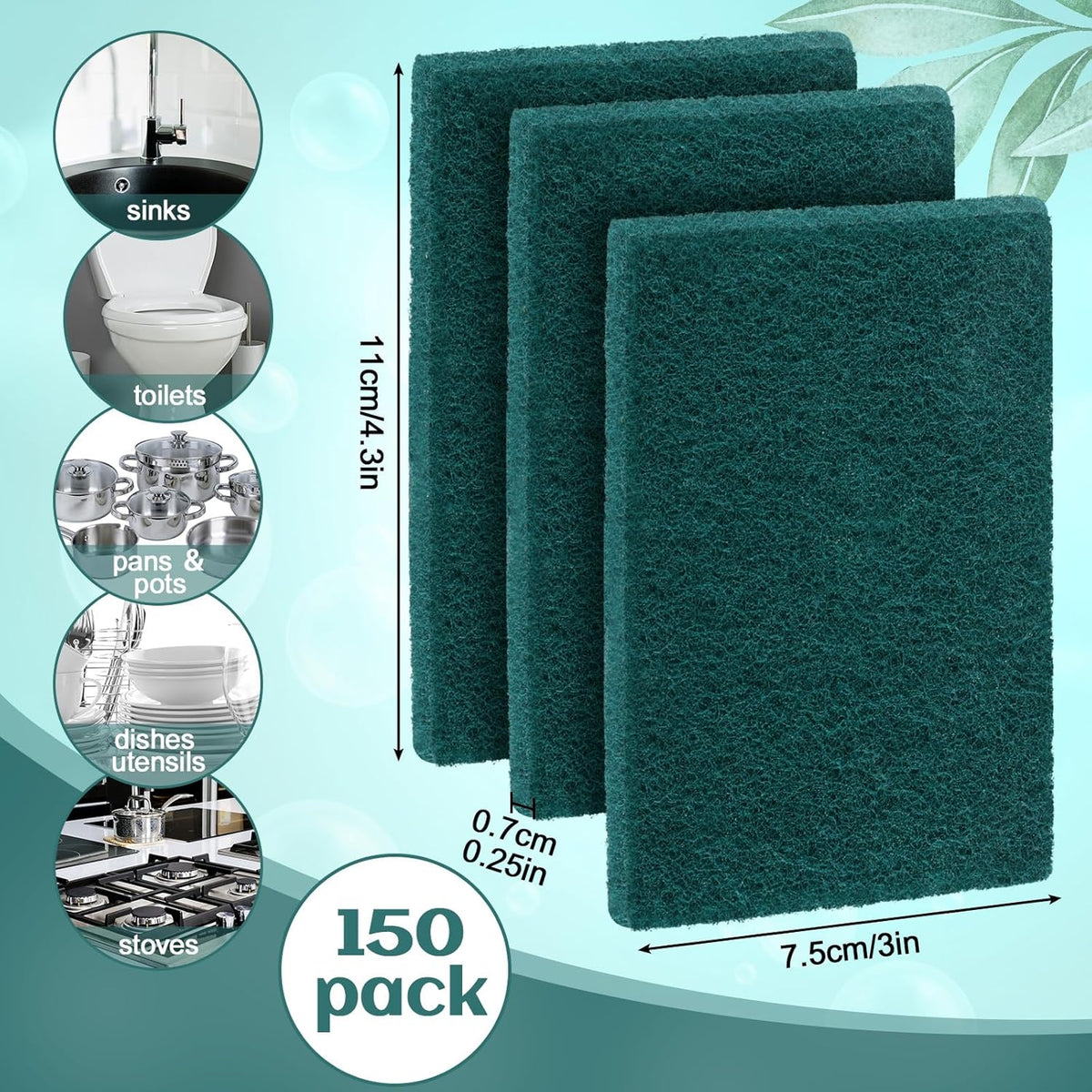 Hoolerry 150 Pcs Heavy Duty Scouring Pads Non Scratch Household Scrub Pads for Cleaning Reusable