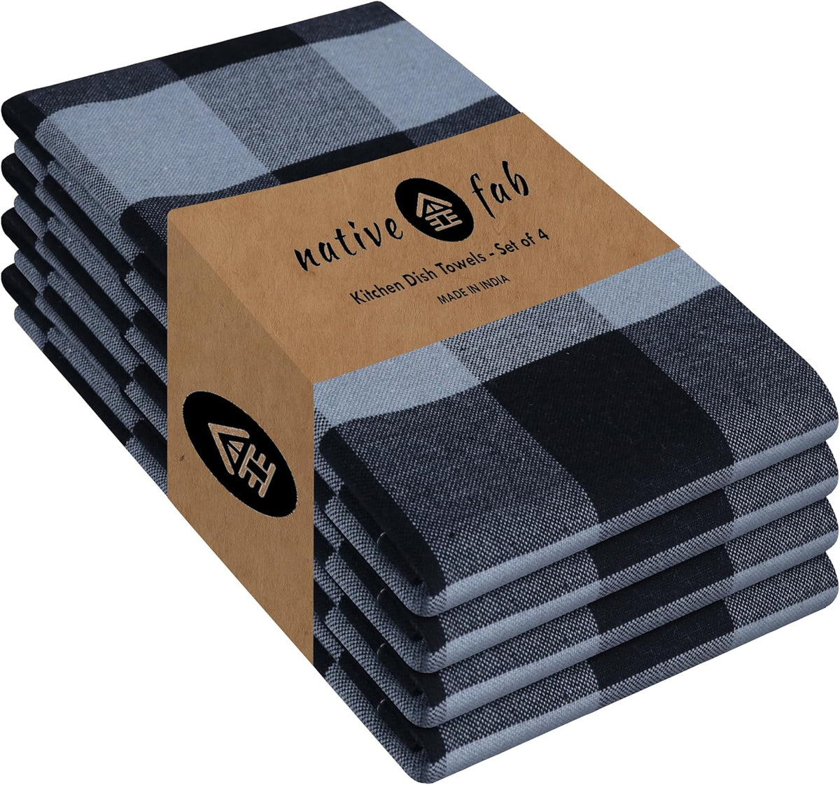 Native Fab Buffalo Check Kitchen Dish Towels, 4 Pack, Cotton, Durable, Washable 16"x26" - Tea
