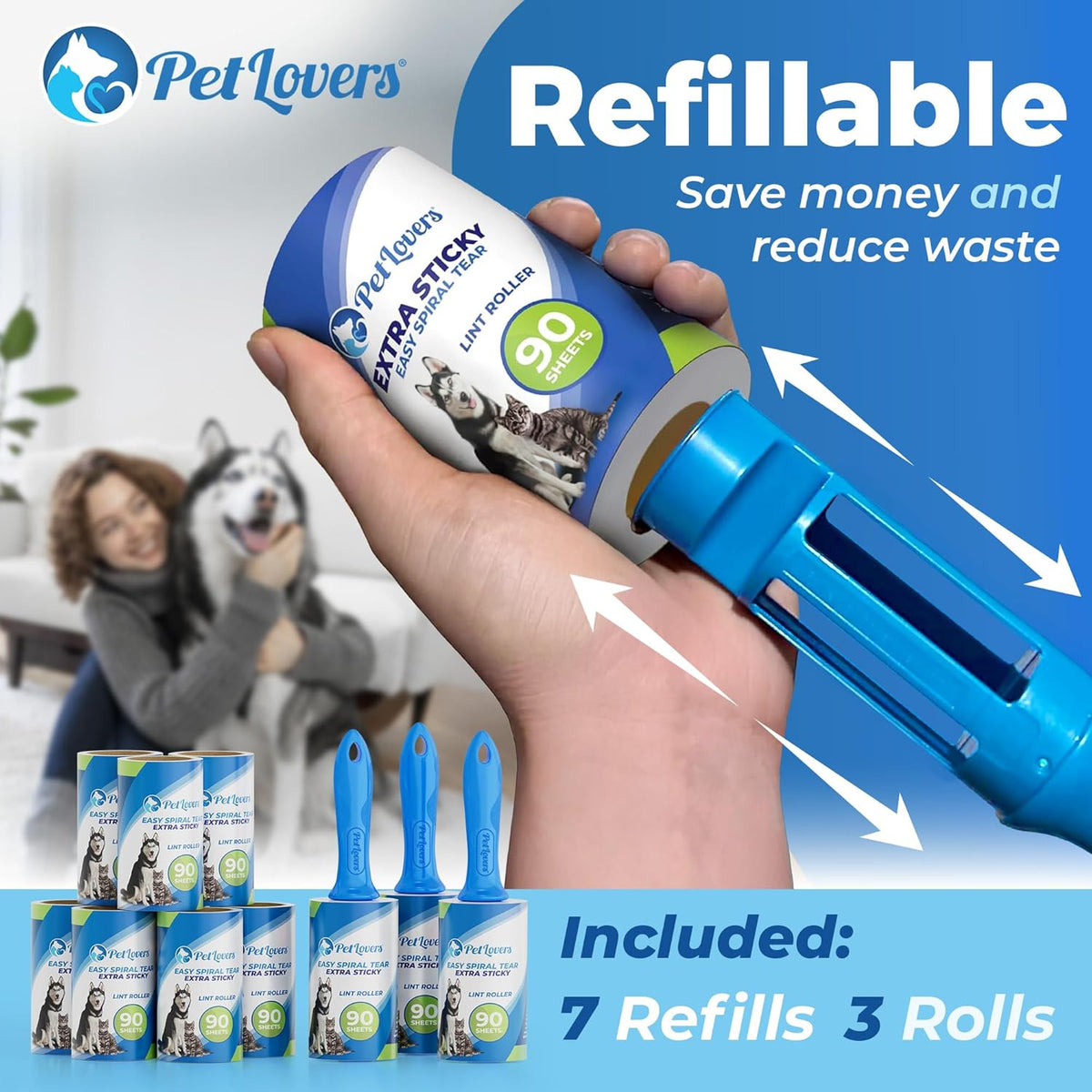 PetLovers Extra Sticky Lint Roller Mega Value Set 900 Sheets for Pet Hair Removal and Clothes, Dog