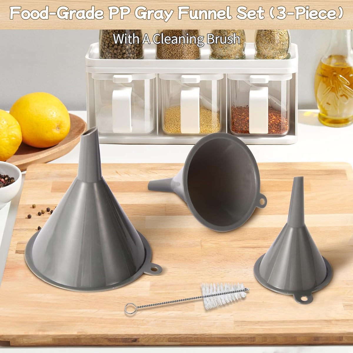 Plastic Kitchen Funnel Set of 3 with Clean Brush, Round Food Funnels for Kitchen Use