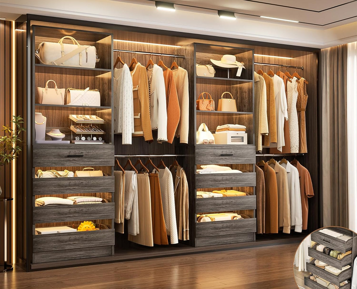 Aheaplus Closet System, 6-15Ft Closet Organizer with 8 Wooden Drawers, Wood Closet Organizer System