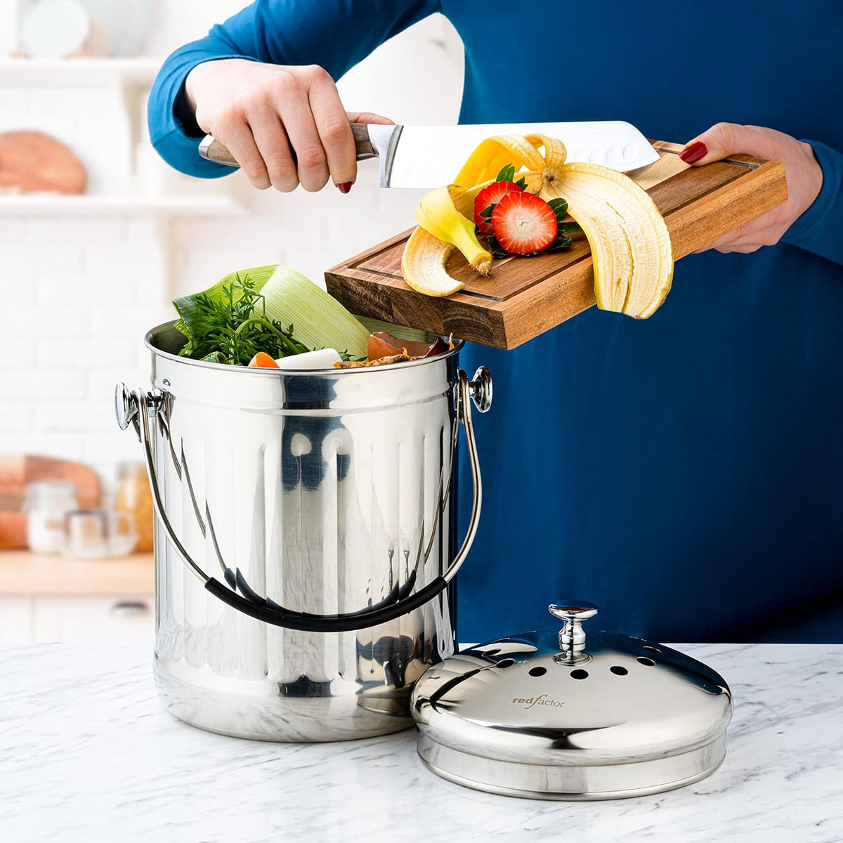 RED FACTOR Premium Compost Bin for Kitchen Countertop - Stainless Steel Food Waste Bucket with