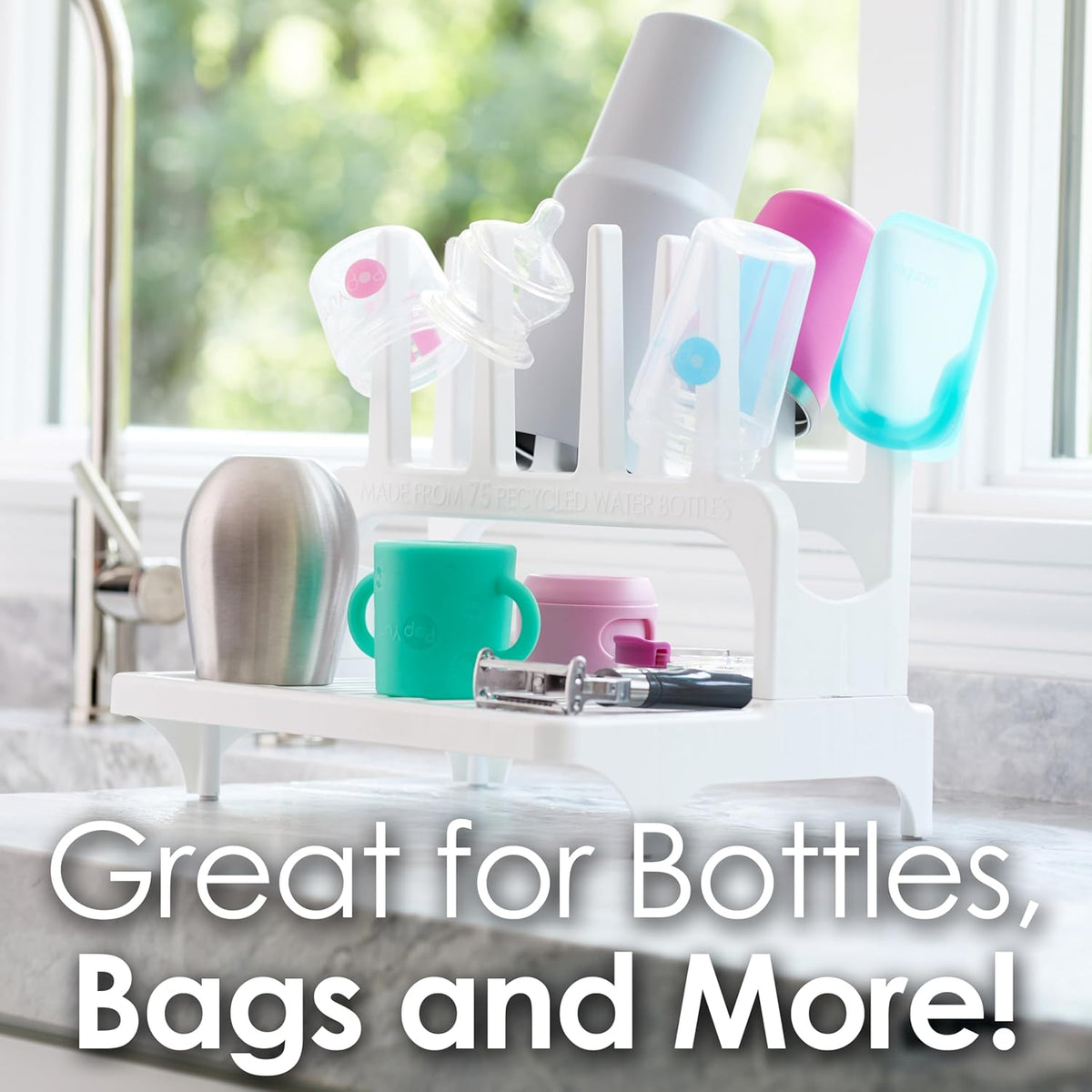 PopYum Glacier White Space Saving Drying Rack from 100% Recycled Bottles, countertop for Baby