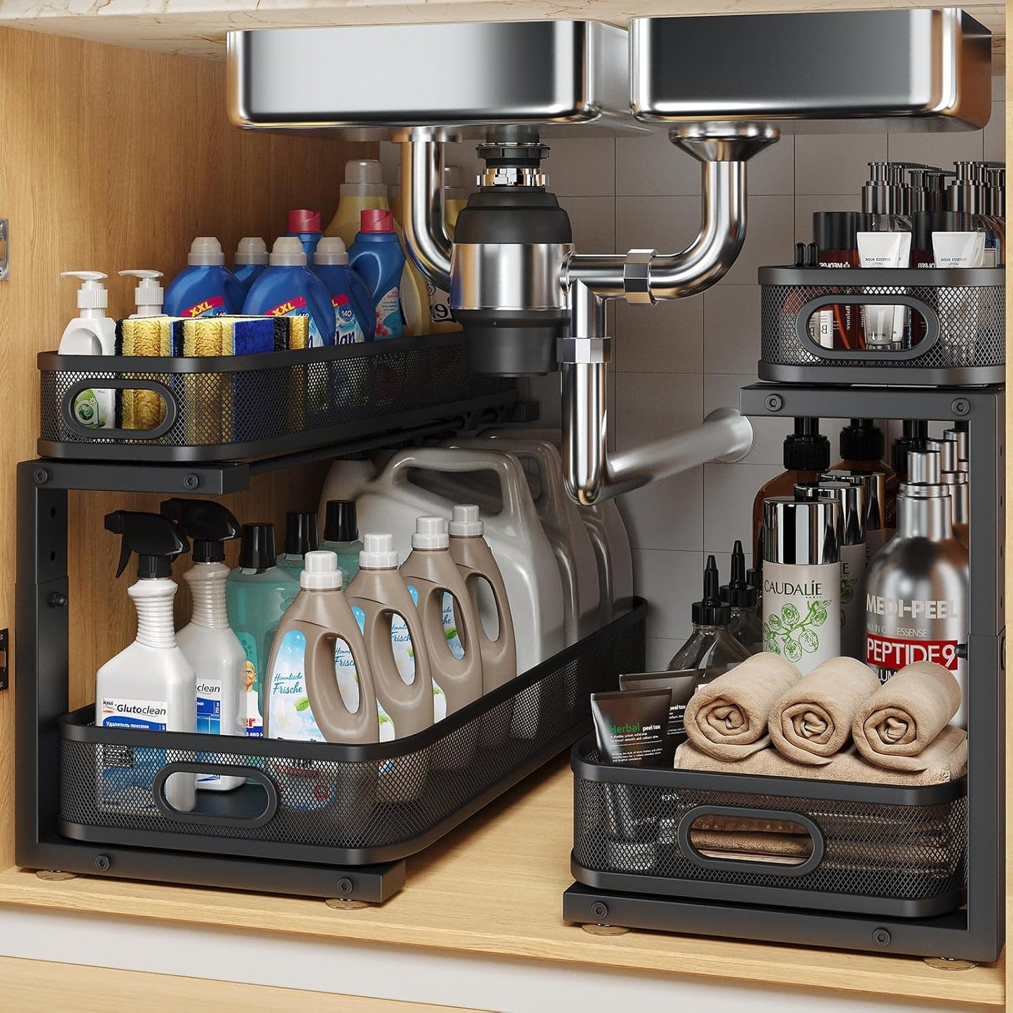 2 Pack 21.3IN-Depth Under Sink Organizer with Smooth Cylindrical Rail,2-Tier Pull Out Multi-Purpose