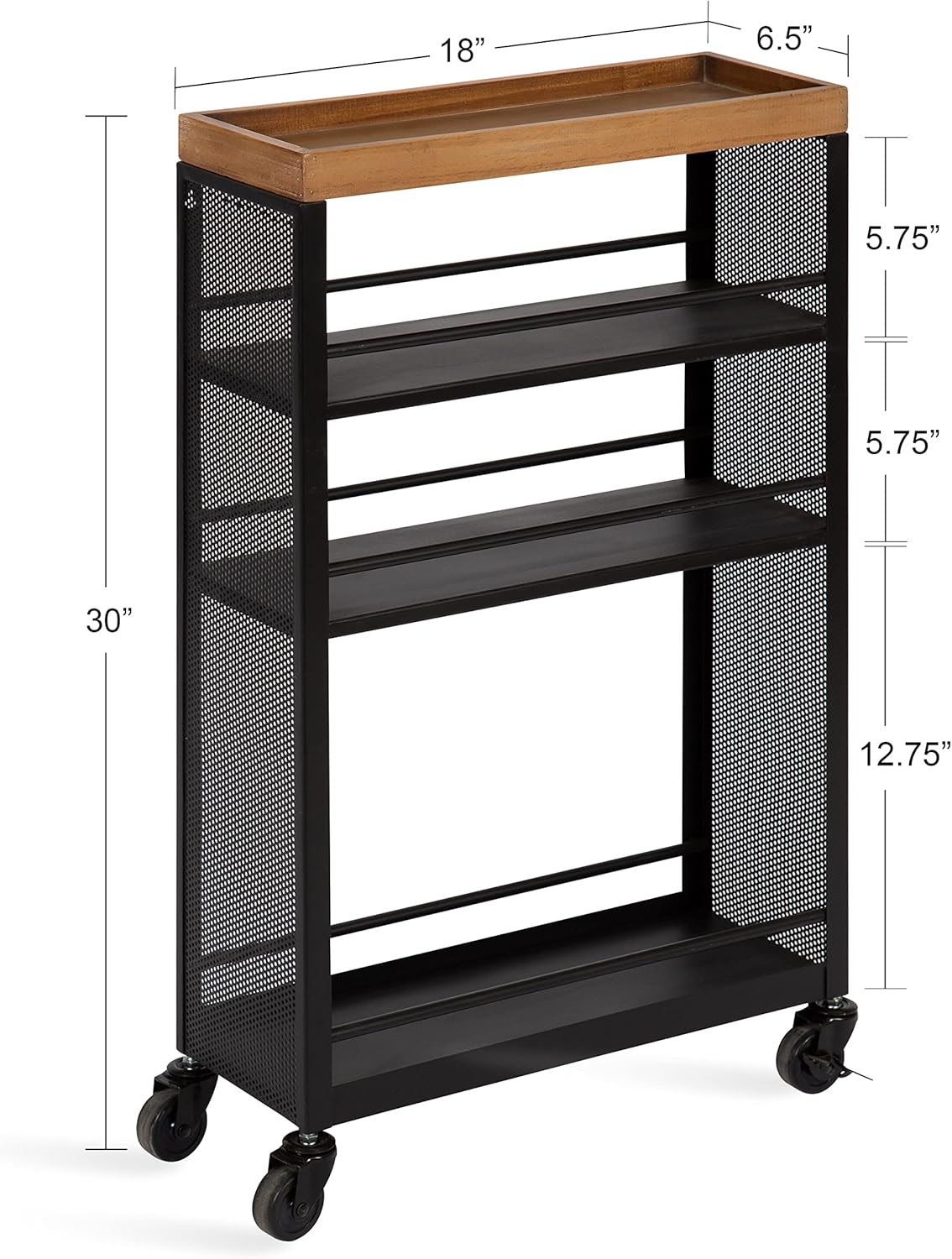 Kate and Laurel Piazza Decorative Slim Storage Cart, 18 x 7 x 30, Natural Wood and Black