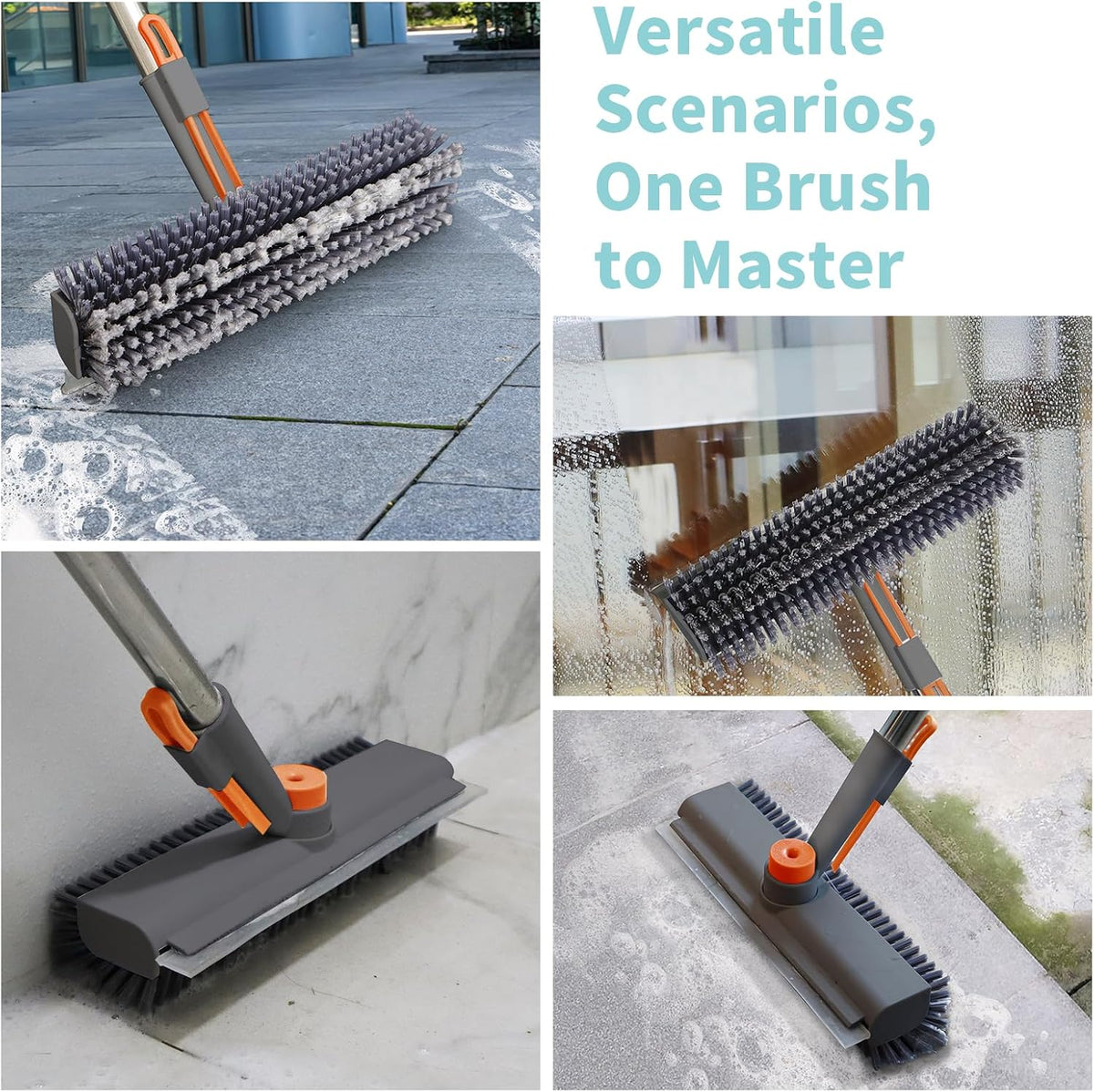 Floor Scrub Brush with Long Handle, 3 in 1 Scrape and Heavy-Duty Stiff Bristle Scrubber Brush for