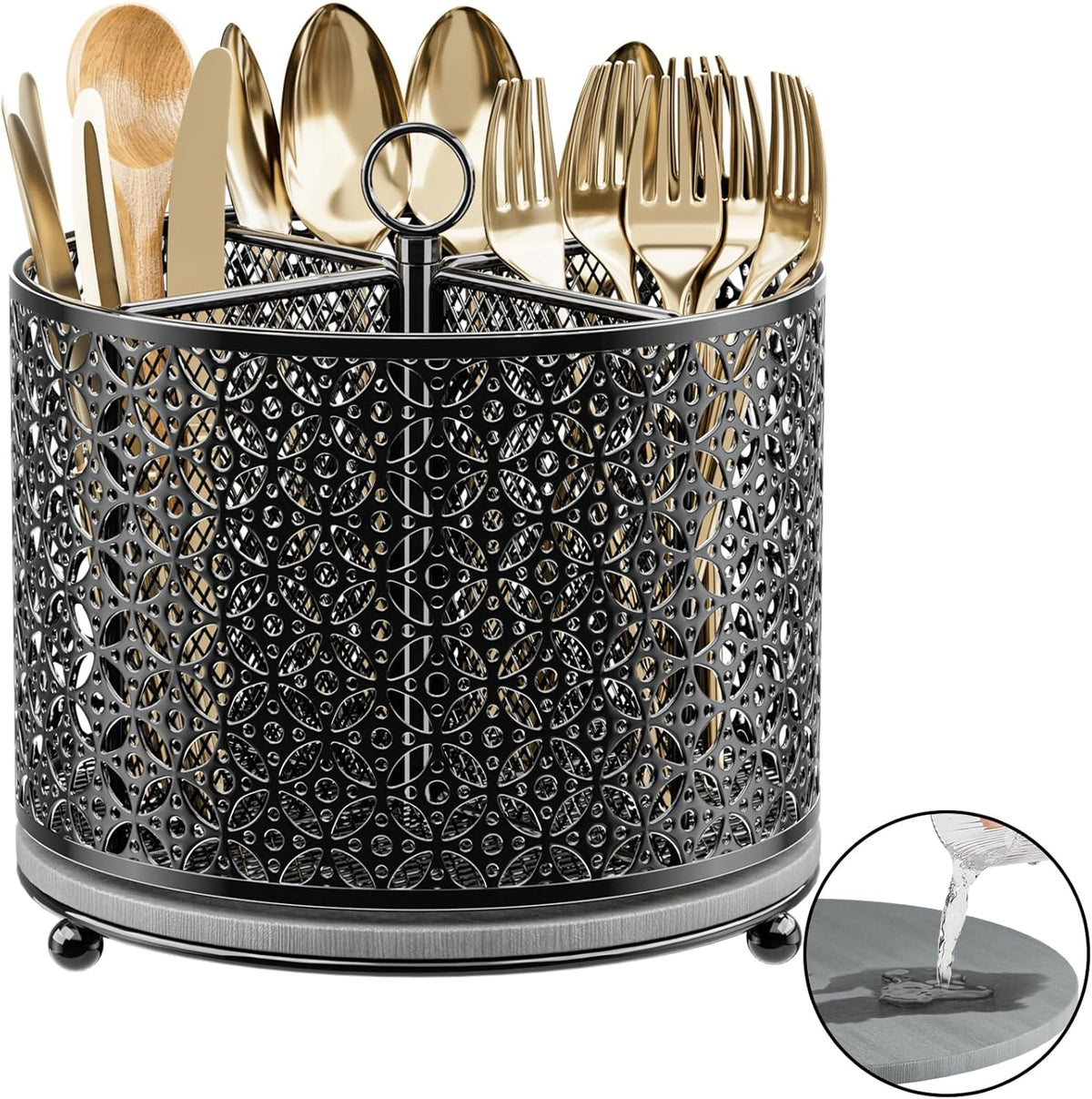 360° Rotating Utensil Holder Caddy - Fast-Drying Silverware Flatware Organizer - 4 Compartment