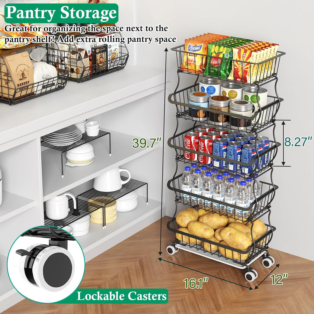 5 Tier Fruit Basket for Kitchen, Stackable Bins Wire Rack with Wheels, Fruit and Vegetable Storage