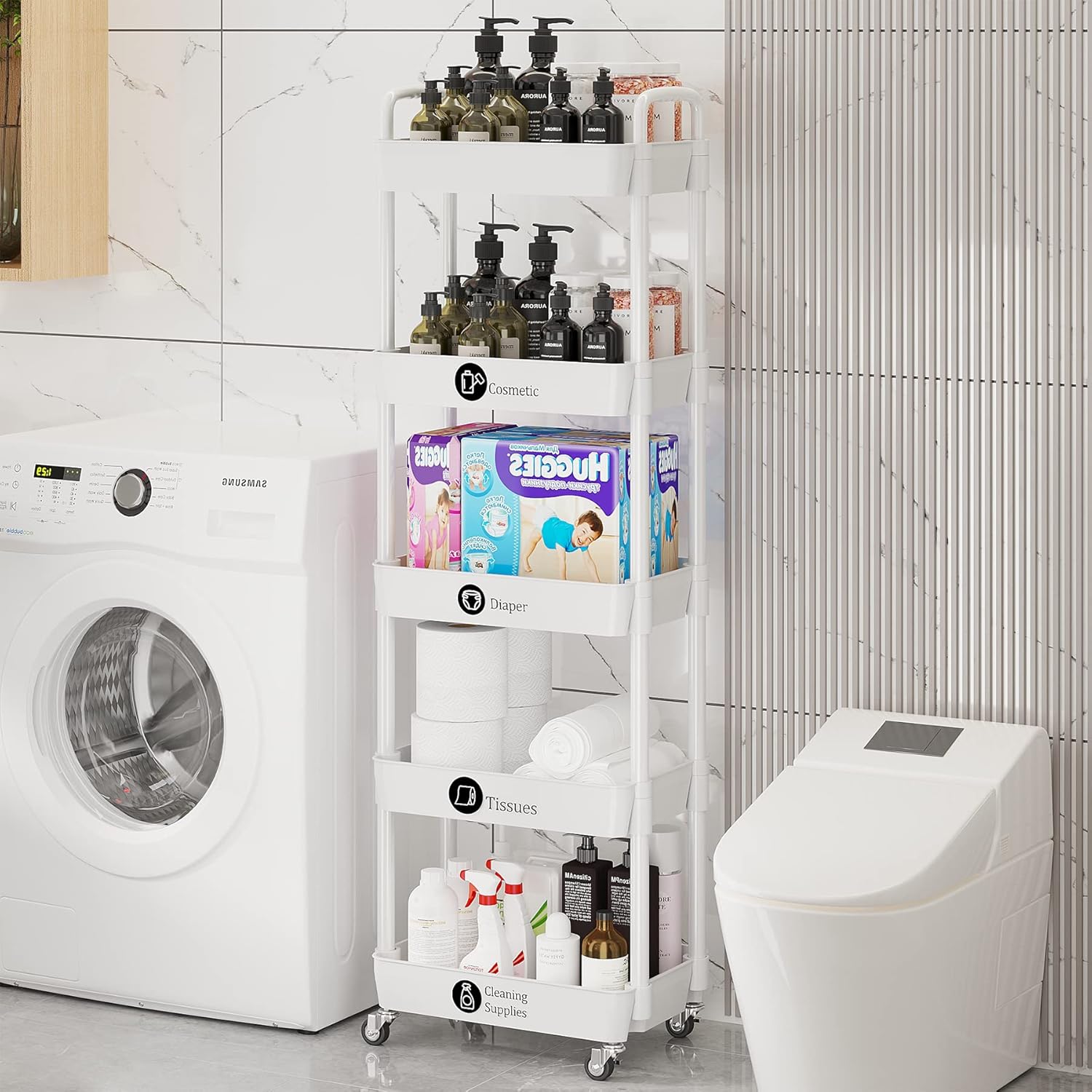 Laiensia 5-Tier Rolling Cart with Wheels,Multifunction Utility Storage carts, Kitchen Storage