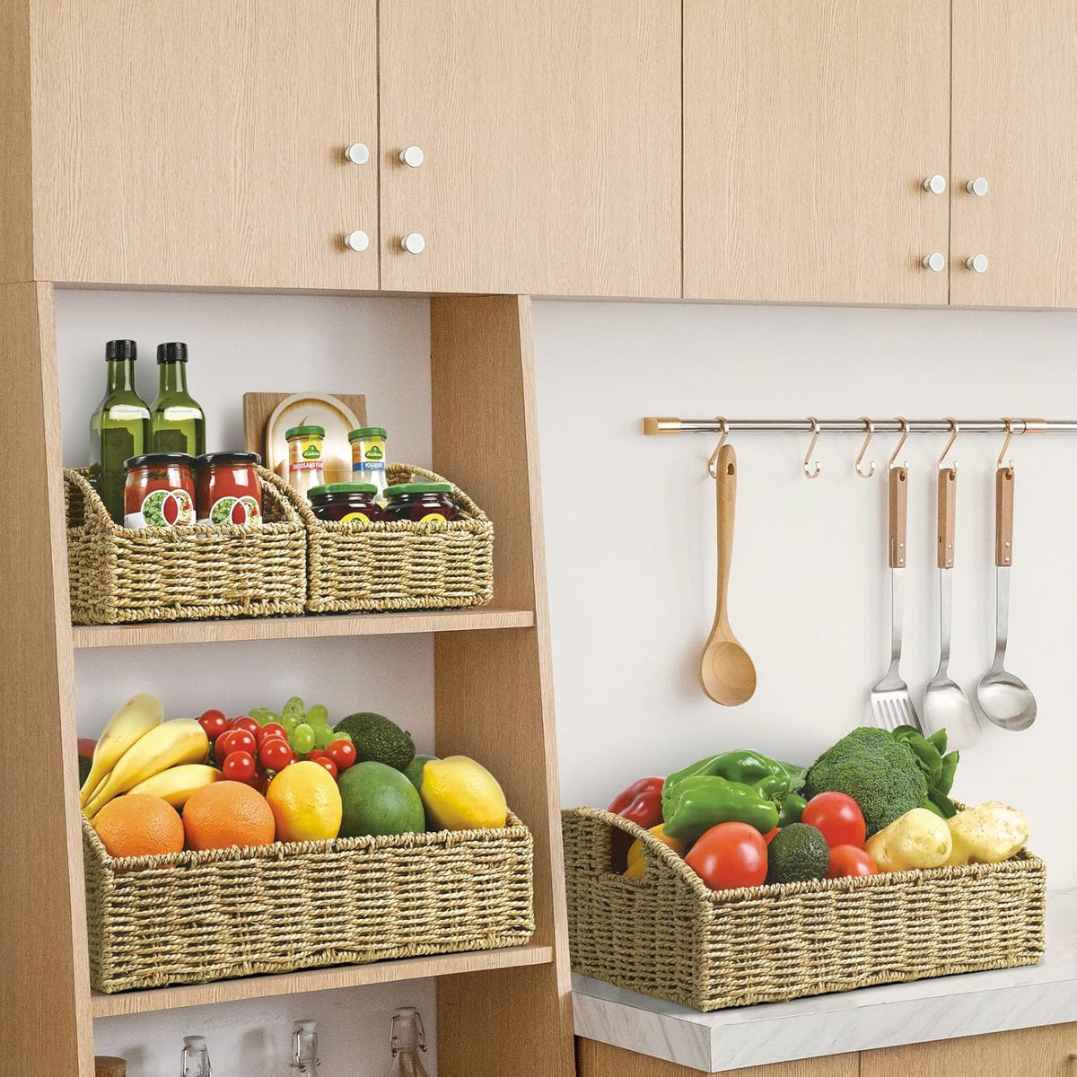 Ollieroo Natural Seagrass Storage Baskets, Handwoven Wicker Storage Bins with Built-in Handles