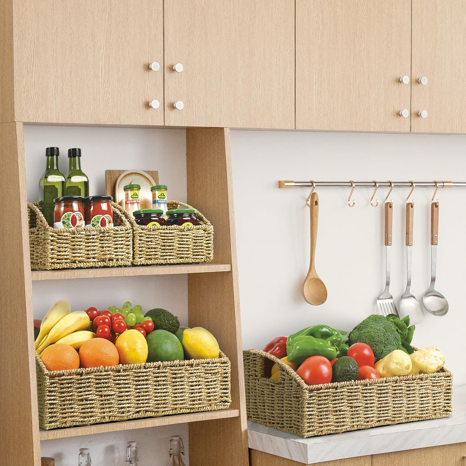 Ollieroo Natural Seagrass Storage Baskets, Handwoven Wicker Storage Bins with Built-in Handles