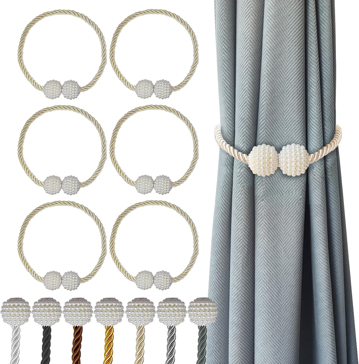 Hion Magnetic Curtain Tiebacks Beige 6 Pack, Curtain Tiebacks Buckles Holdbacks Holders Hooks Clip