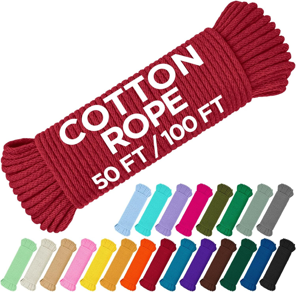 TECEUM Cotton Rope 3/16” (5 mm) – 100 FT – Strong All-Purpose Braided Rope – Natural Cotton – for