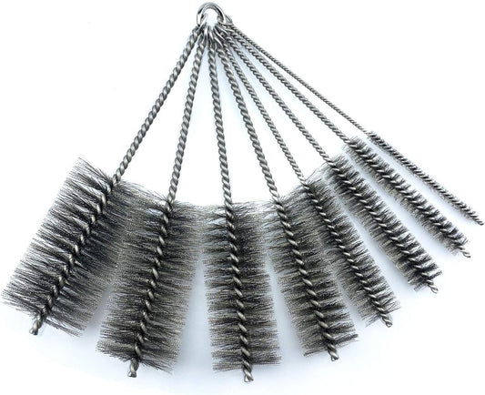 Pipe Cleaning Brush Set Stainless Steel Bristles, 8 Piece Variety Pack for Auto Parts, Bottles