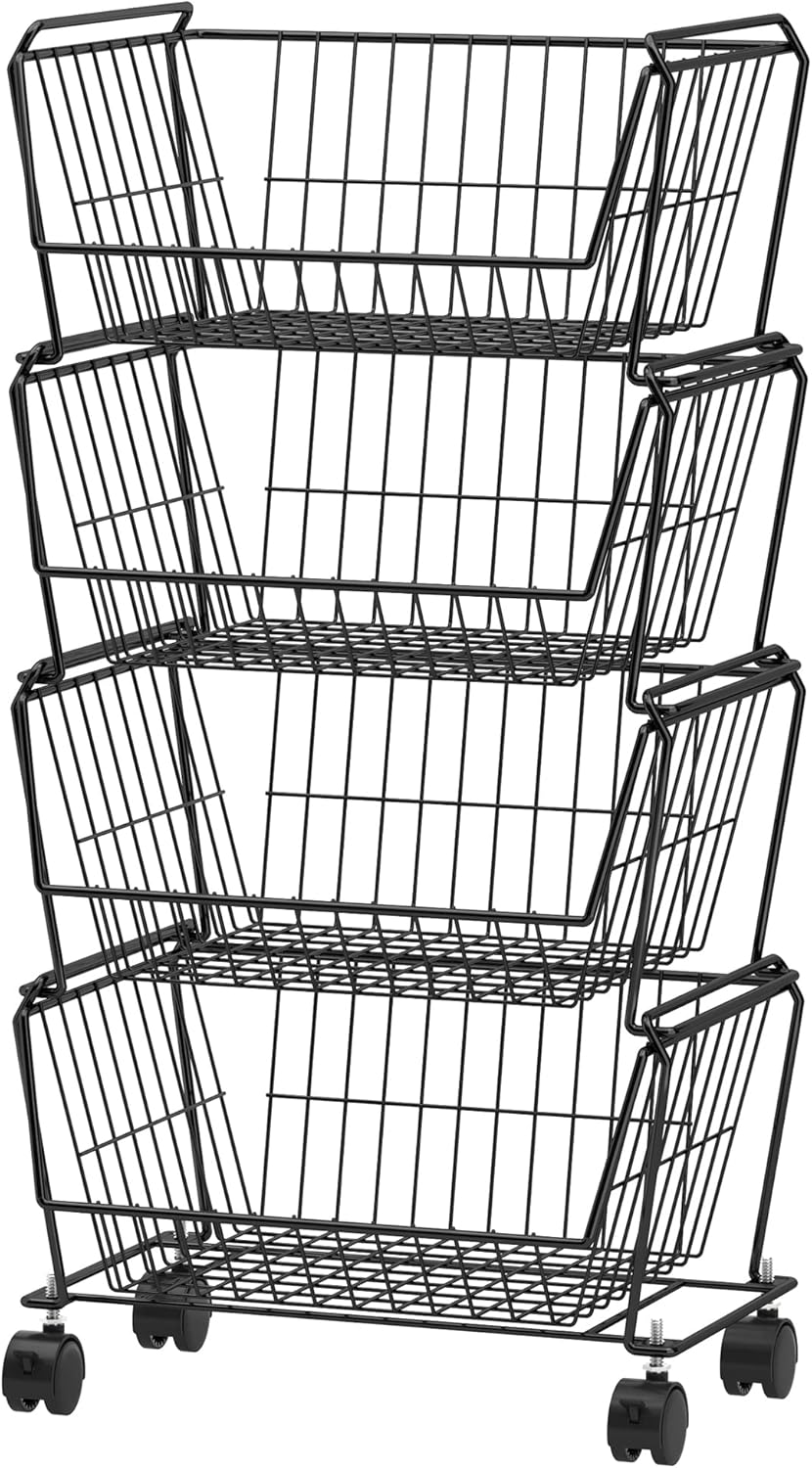 PUSDON 4-Tier Stackable Metal Storage Baskets, Anti-Rust Fruit Vegetable Rack, Dual Use Shelf for