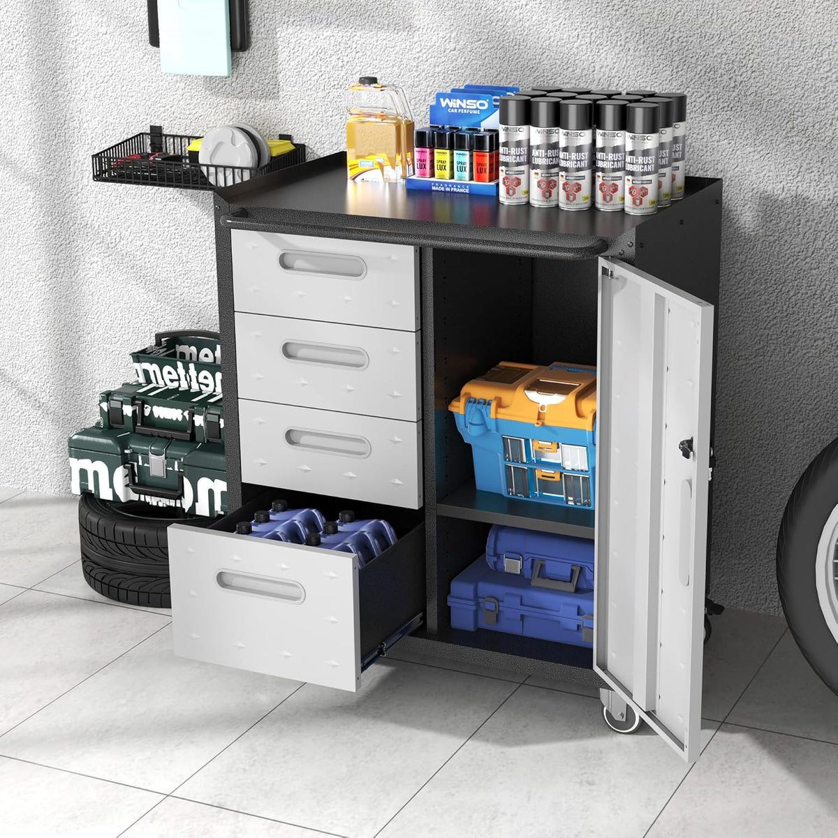 Metal Storage Cabinet with Wheels, Rolling Tool Cabinet with Adjustable Shelve, Locking Garage