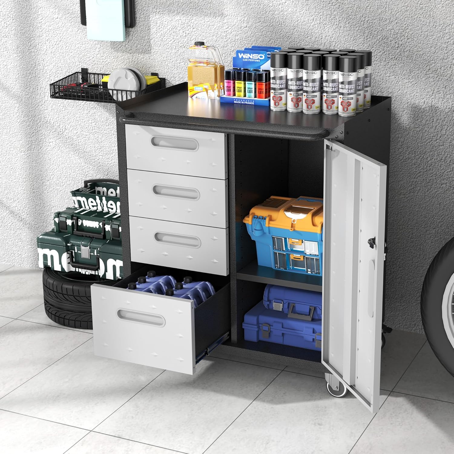 Metal Storage Cabinet with Wheels, Rolling Tool Cabinet with Adjustable Shelve, Locking Garage