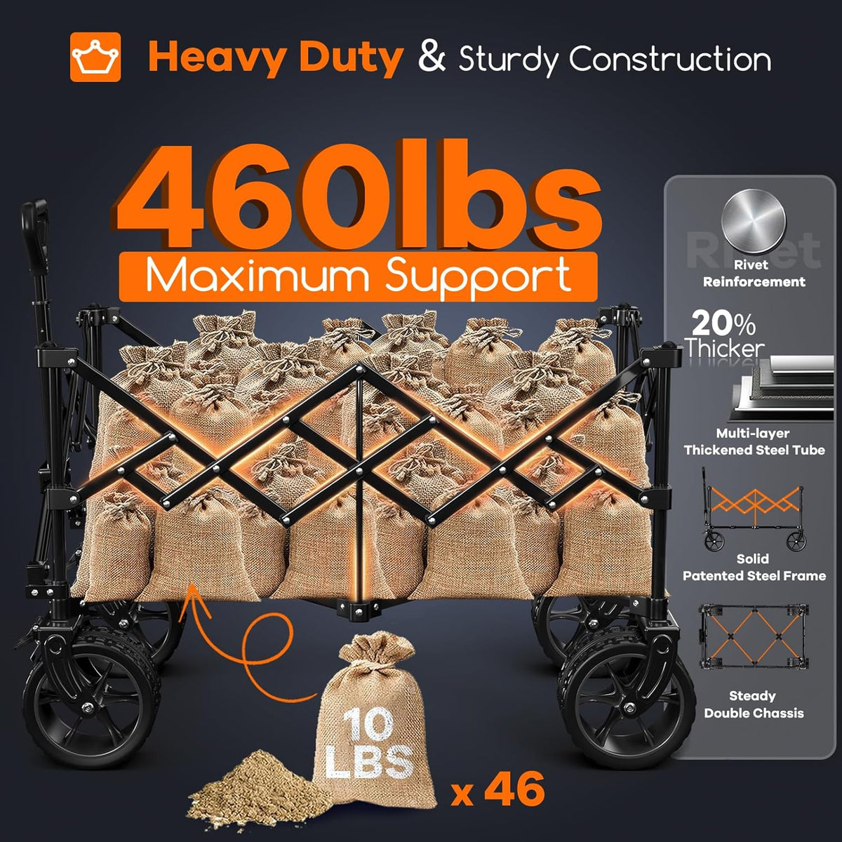 220L Collapsible Wagon Cart Foldable, 460lbs Load Capacity Heavy Duty Folding Beach Wagons with Big