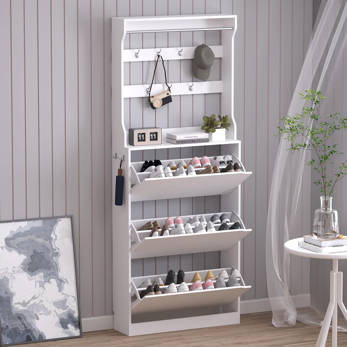 Shoe Cabinet with 3 Flip Drawers & Coat Rack, Narrow Hidden Shoe Storage Cabinet, 2-in-1 Hall Tree