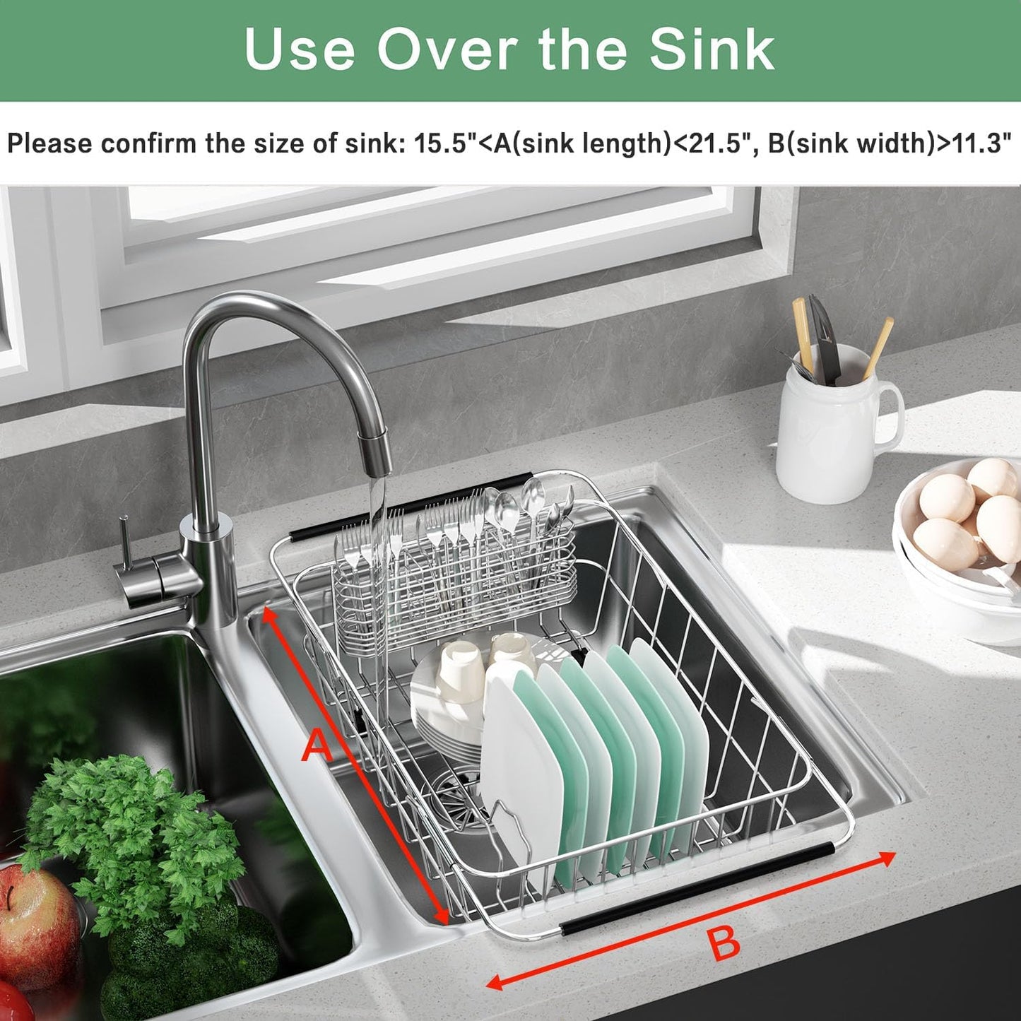 Large Dish Drainer Rack in Sink Adjustable, Expandable 304 Stainless Steel Metal Dish Drying Rack