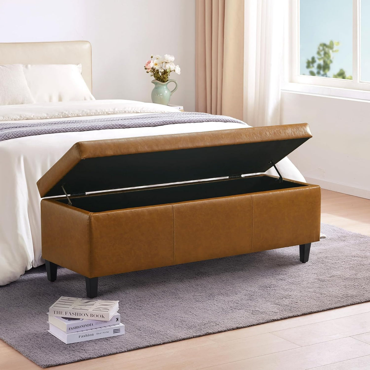 HUIMO Faux Leather Storage Ottoman Bench 50.3 Inch Extra Long PU Upholstered Bedroom Bench with