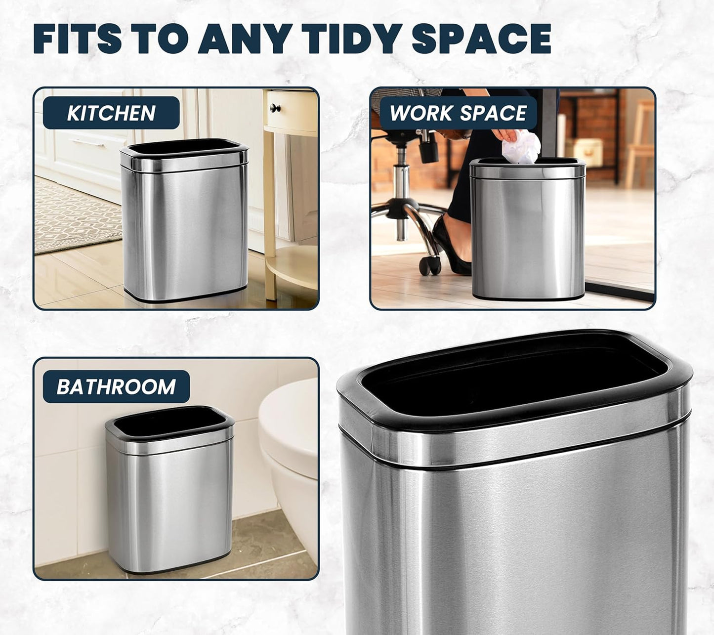 Alpine Stainless Steel Open Top Trash Can 5 Gallon - 20L Garbage Can for Kitchen, Bathroom, Office