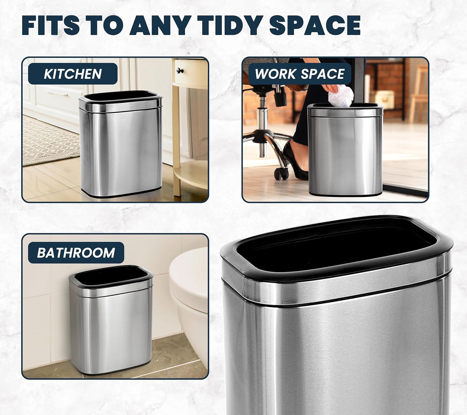 Alpine Stainless Steel Open Top Trash Can 5 Gallon - 20L Garbage Can for Kitchen, Bathroom, Office