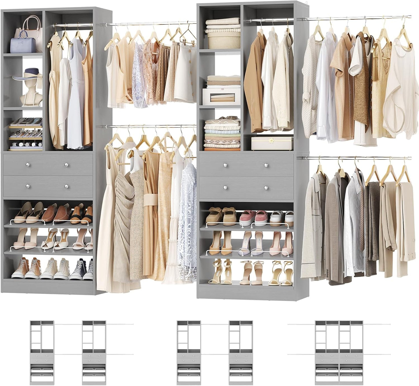 Closet System, Up to 134"/11.2 FT Closet Organizer with 4 Wooden Drawers and Shelves, Walk-in