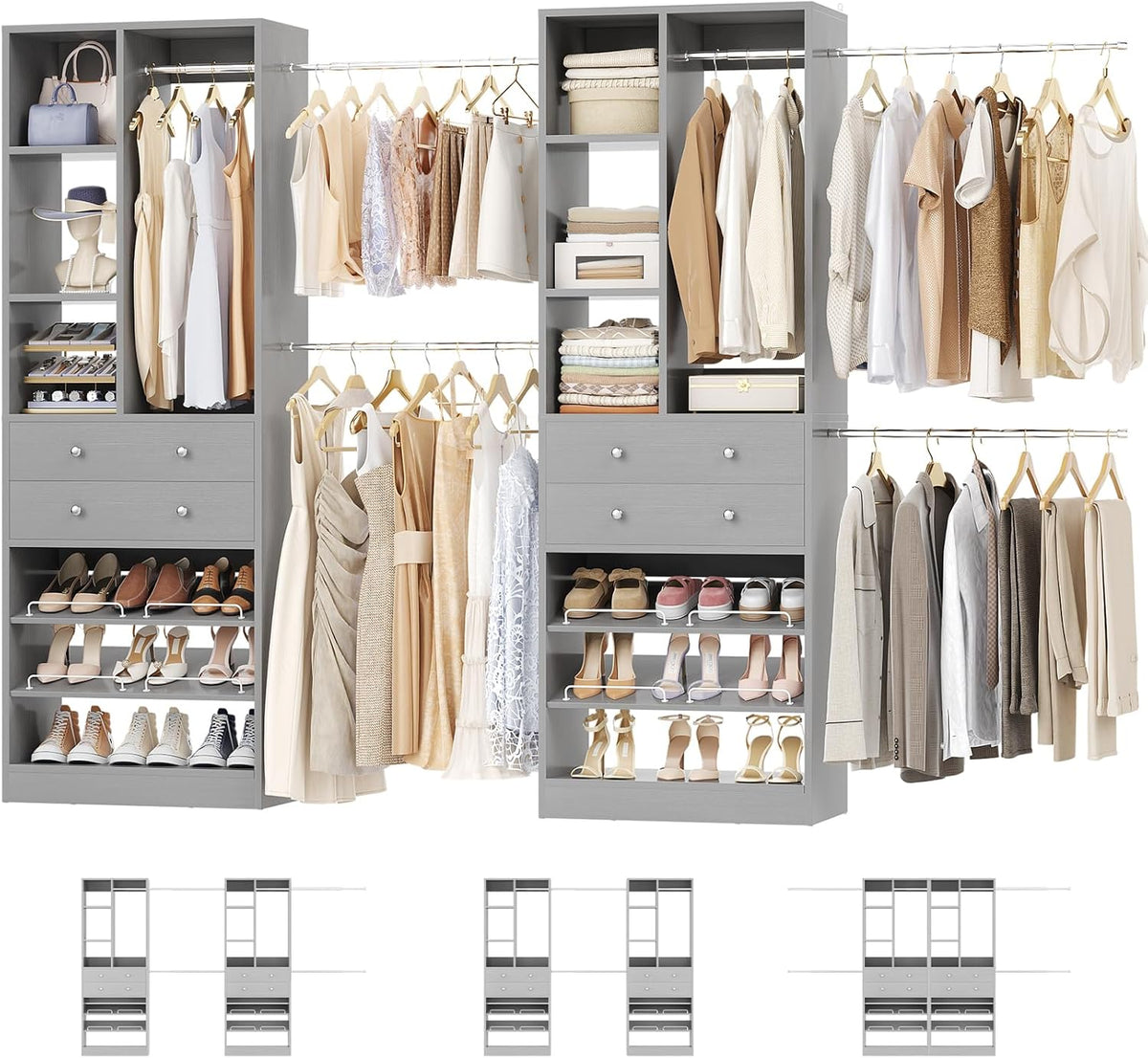 Closet System, Up to 134"/11.2 FT Closet Organizer with 4 Wooden Drawers and Shelves, Walk-in
