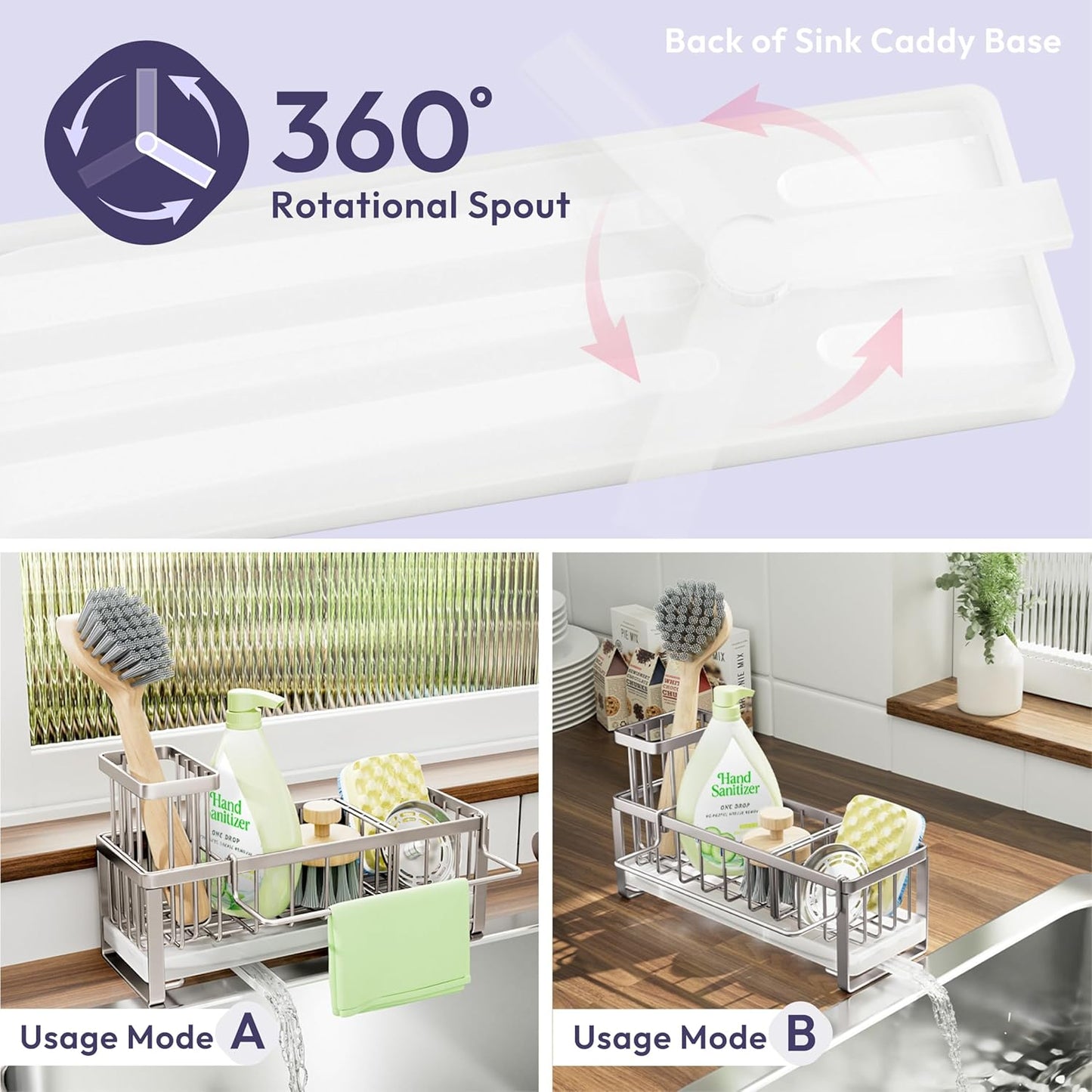 SWTYMIKI Sponge Holder for Kitchen Sink - Sink Caddy with Brush Holder Self-draining Sponge Caddy