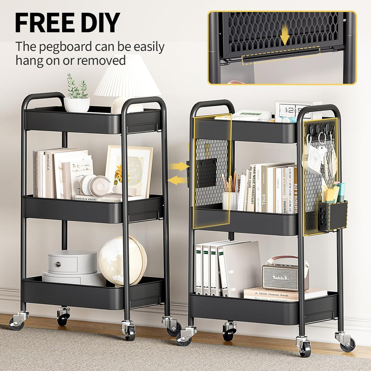 TOOLF 3 Tier Rolling Cart Storage Organizer, Metal Rolling Utility Car with Wheels, Hooks & Bins