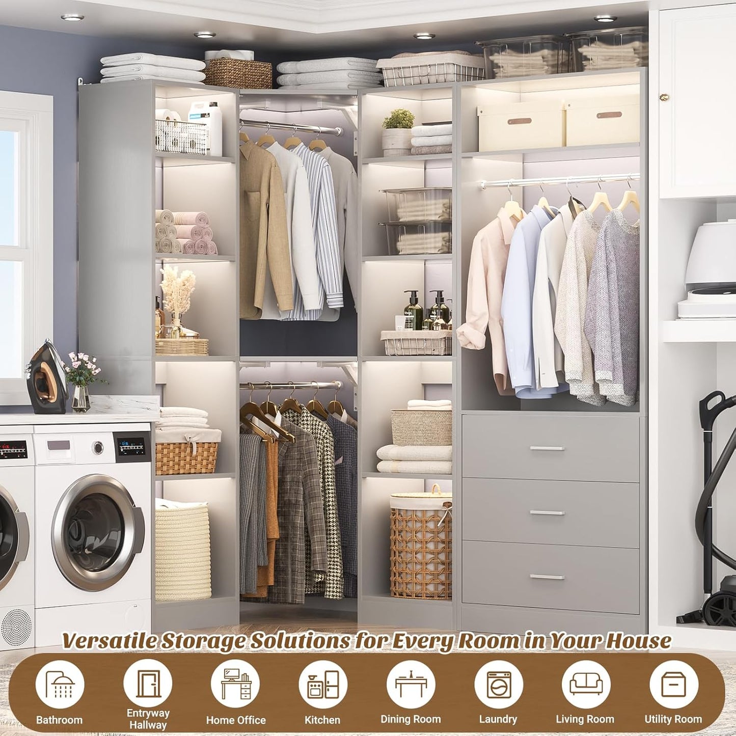 Corner Closet System with 3 Drawers, Corner Closet Organizer System with 13 Shelves & 3 Hanging
