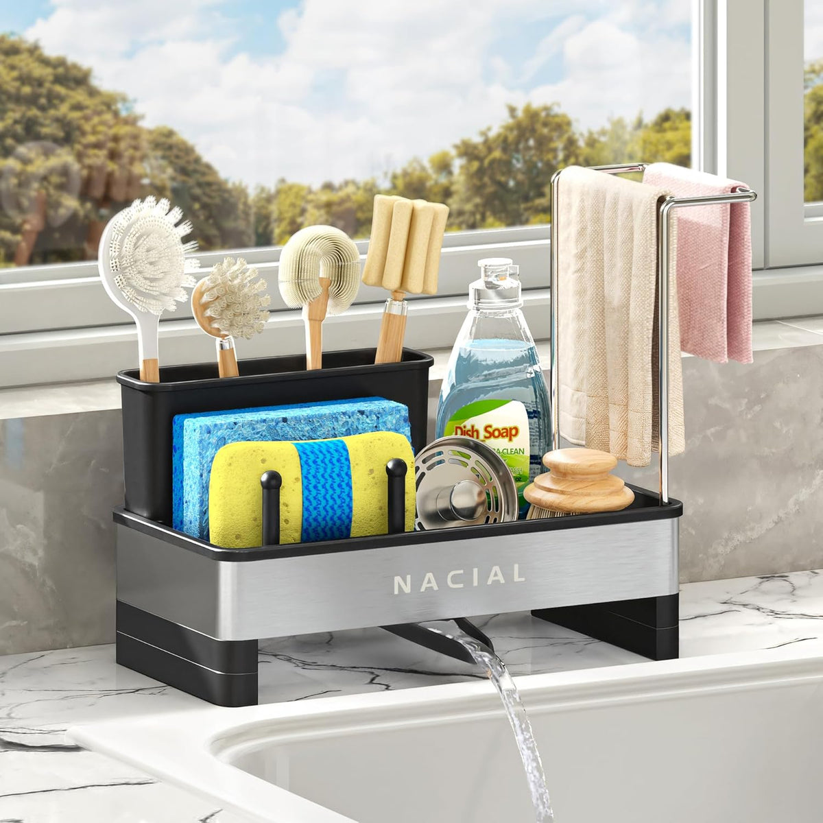 Nacial Kitchen Sink Caddy Organzier with High Brush Holder, Sponge Holder for Kitchen Sink with Two