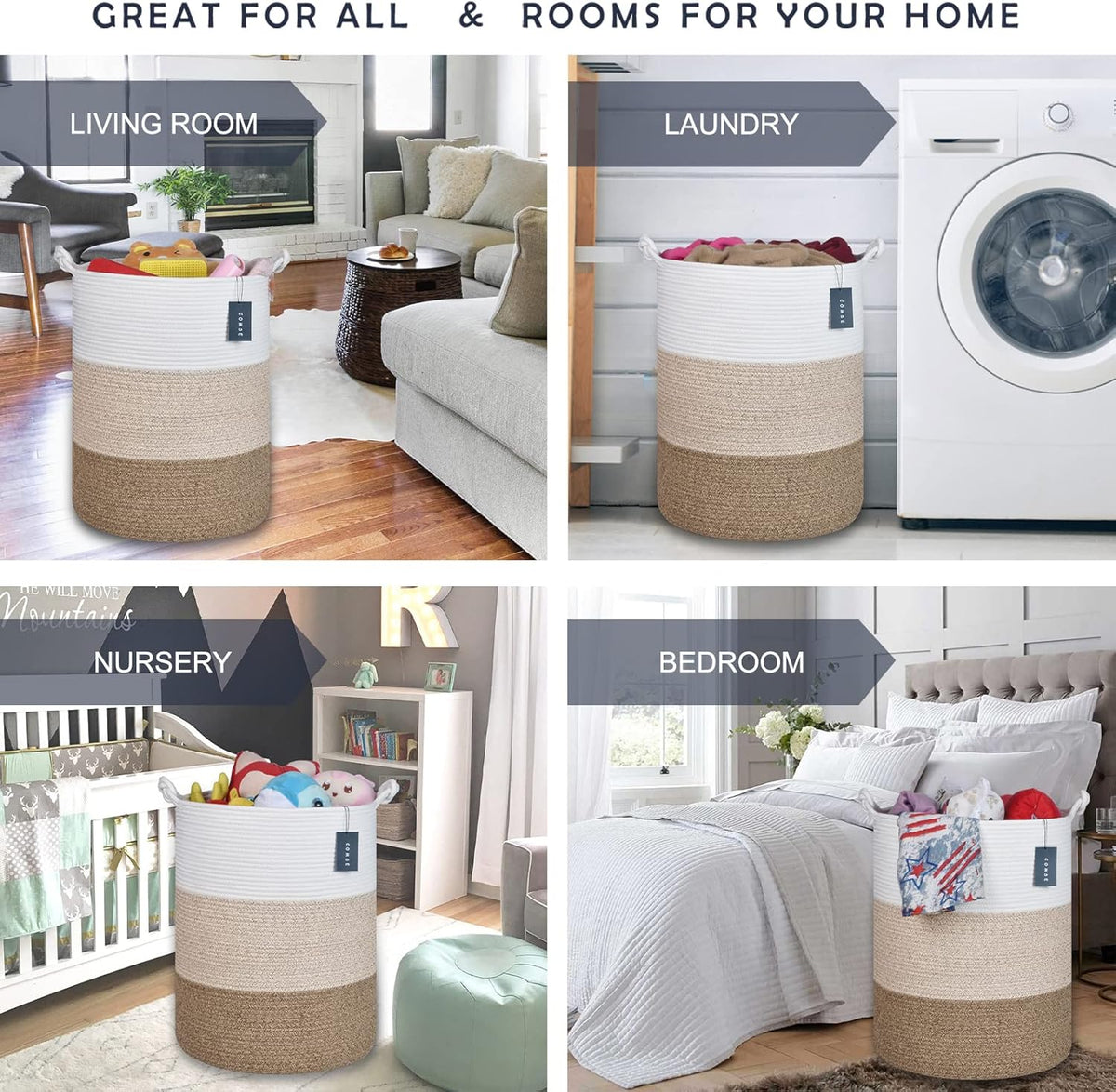 COMSE Extra Large Blanket Basket, Tall Woven Storage Basket, Nursery Hamper, 15.7”x 21.7”, Cotton