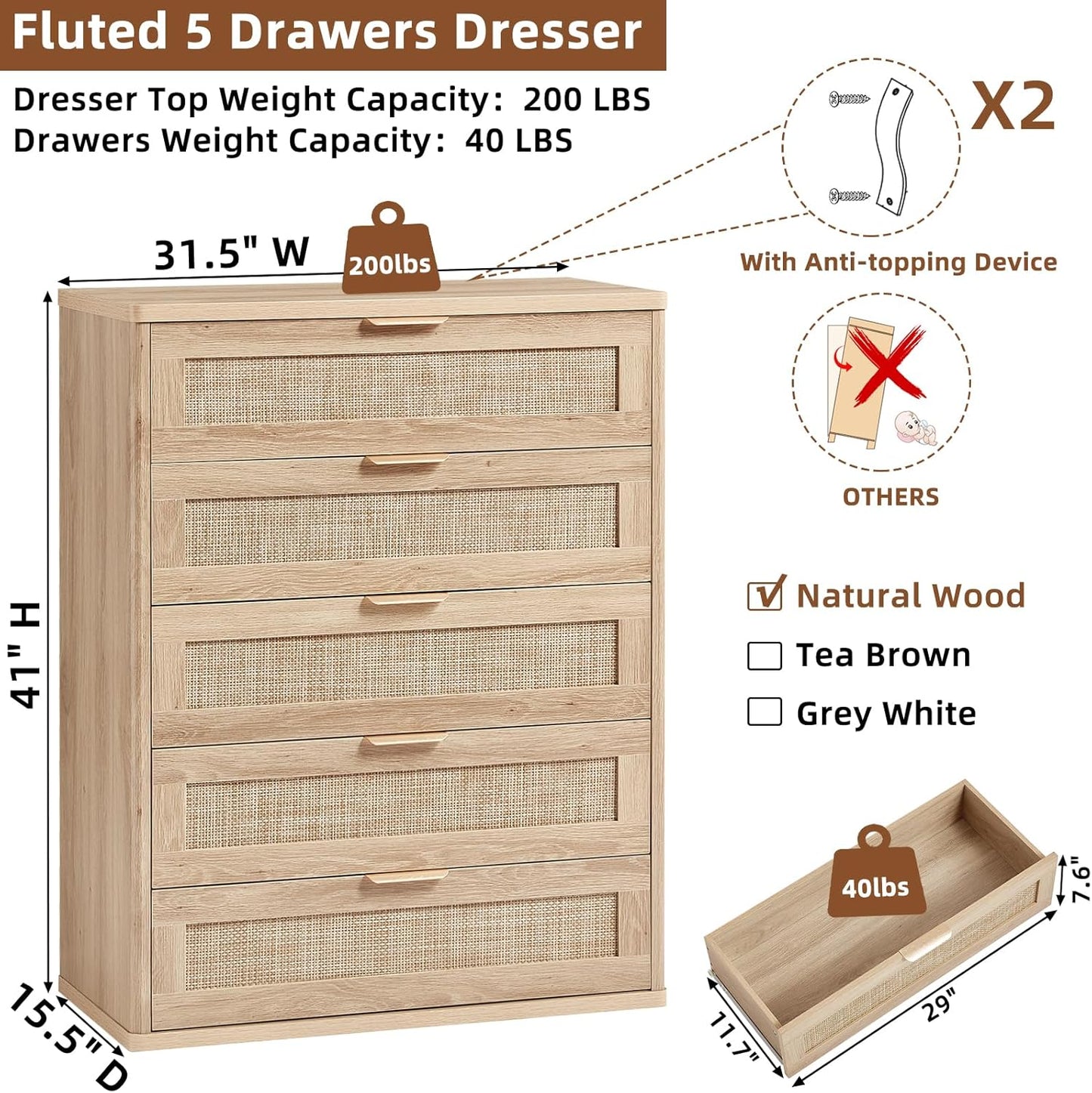 LEYAOYAO Rattan Dresser for Bedroom, 41" Tall Chest of Drawers, Modern 5 Drawers Boho Dressers with