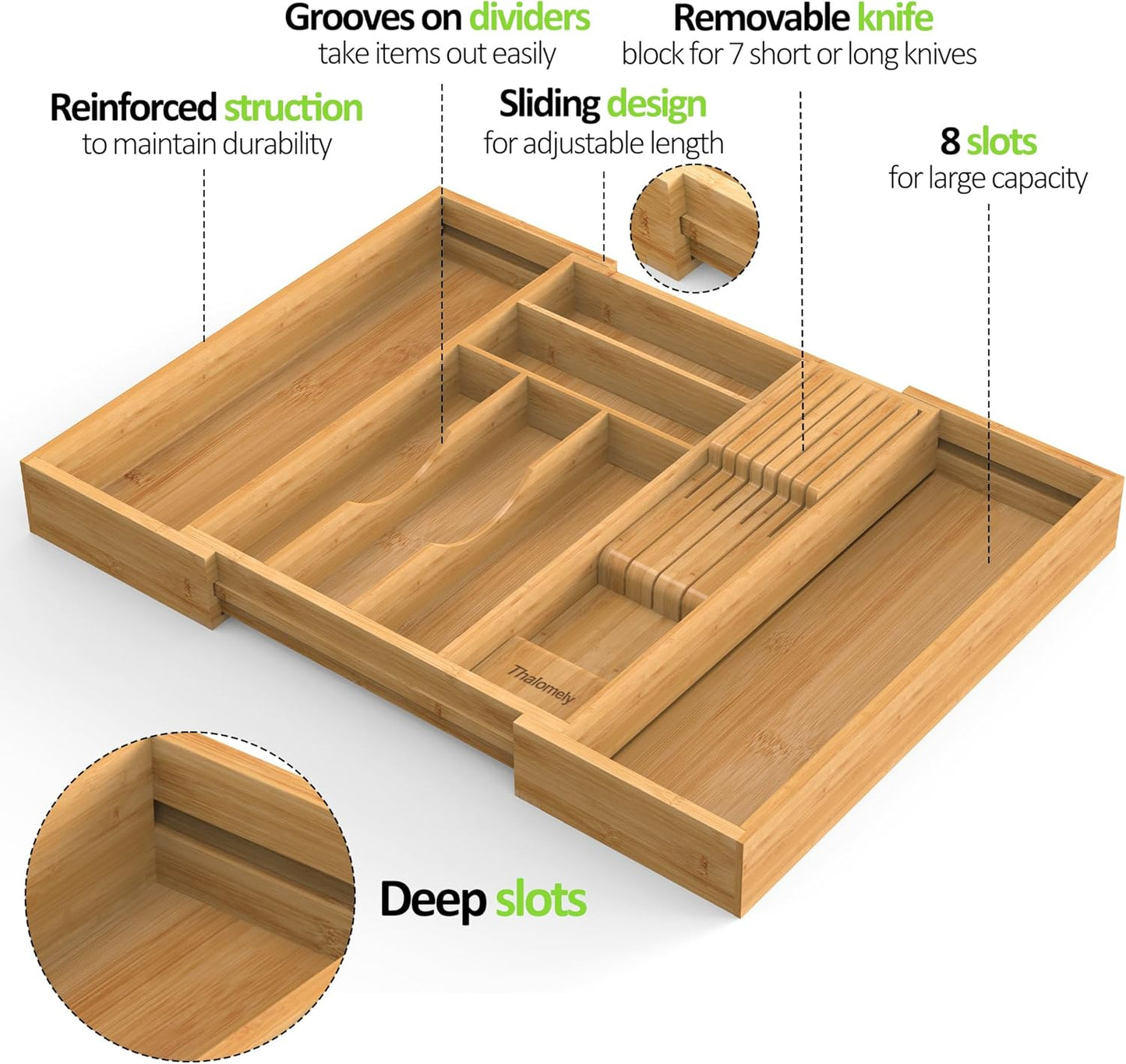 Bamboo Kitchen Drawer Organizer, Expandable Utensil Organizer with Removable Knife Block, Cutlery