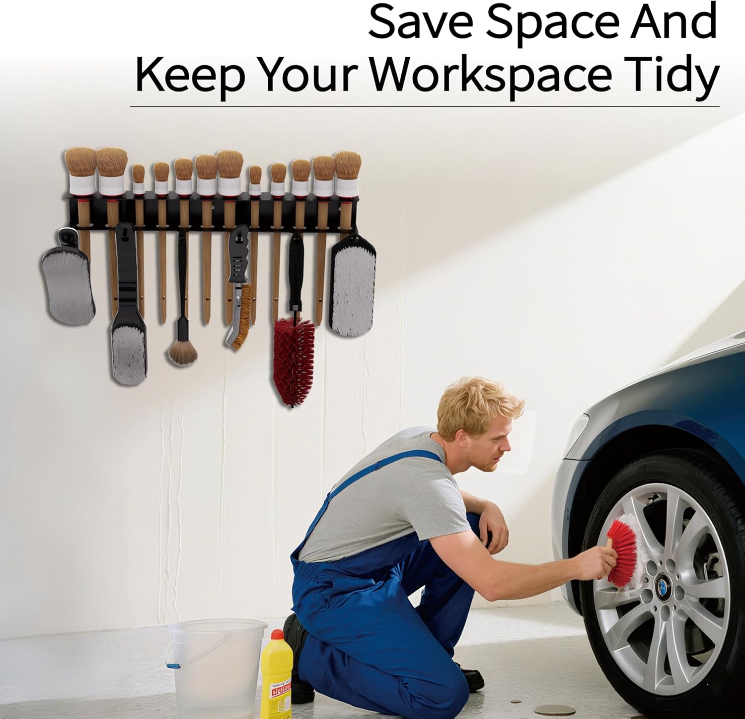 Wall Mount Brush Holder & Tool Hanger Rack for Garage, Detailing Organizer with Mounting Hardware
