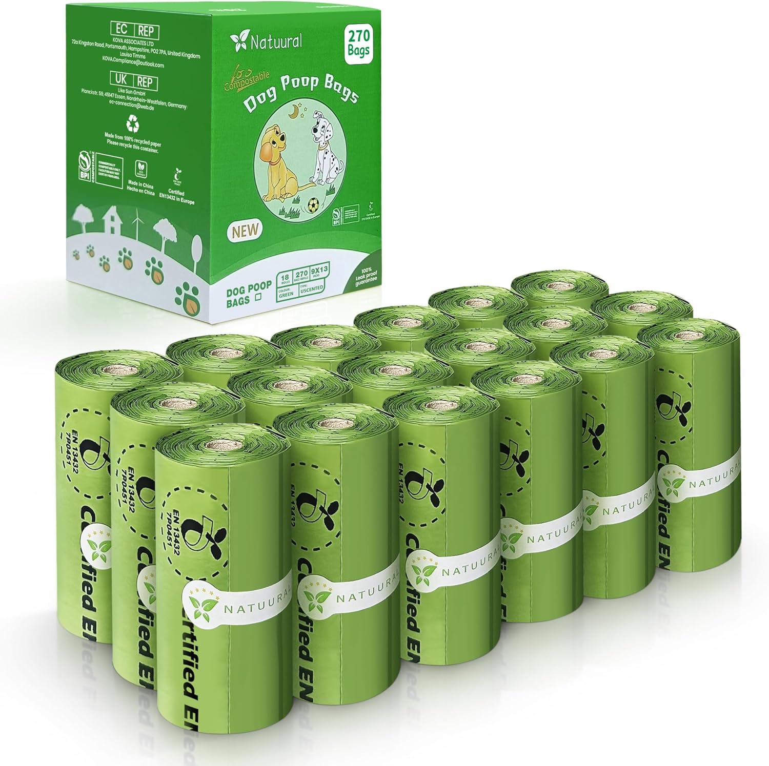Certified Compostable Dog Poop Bags-270Bags 18Rolls, Poop Bags for Dogs Made of Cornstarch - ASTM