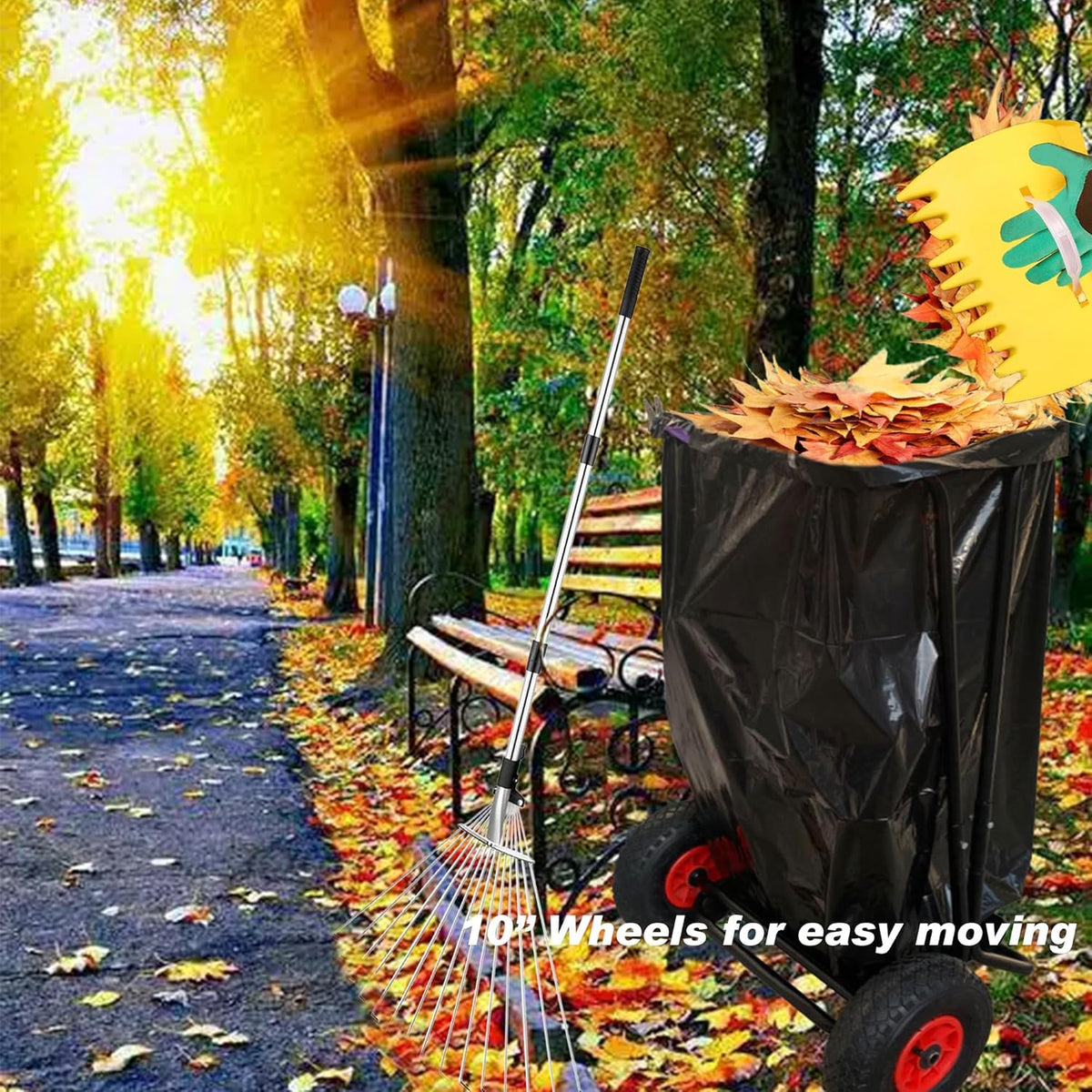 Mobile Trash Bag Holder Outdoor Lawn Leaf Bag Holder with Leaf Chute Metal Rake & 15 Count 39