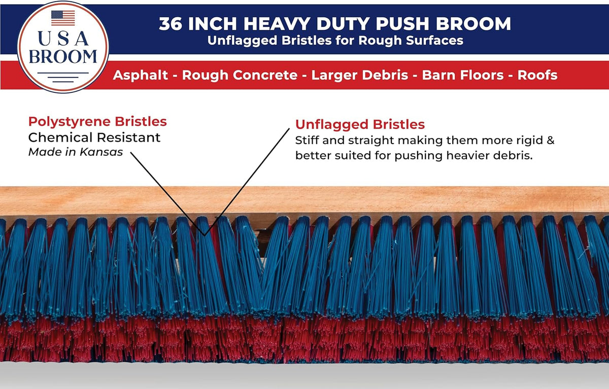 36" Heavy Duty Outdoor Push Broom with 60" Handle. Ideal for Ashpalt, Concrete & Heavy Debris.