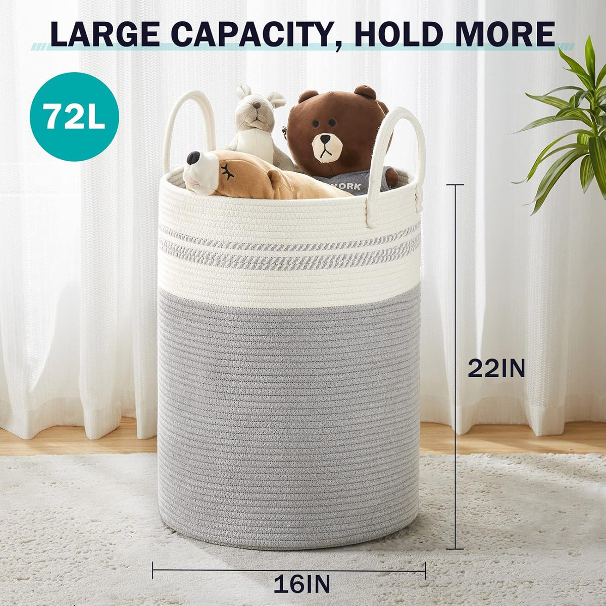 YOUDENOVA Woven Rope Laundry Hamper Basket, 72L Tall Luandry Basket, Baby Nursery Hamper for