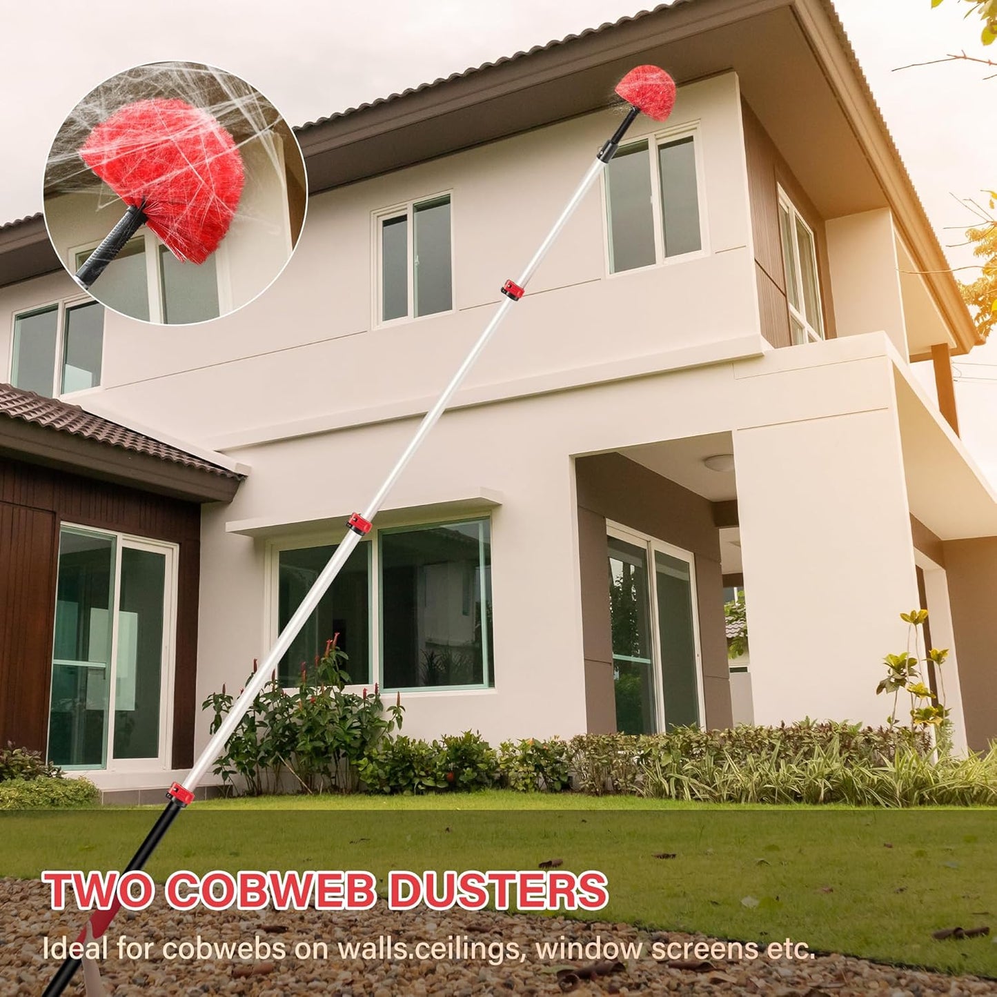5-12 FT Extension Pole with 2 Outdoor Cobweb Brushes, 20 FT High Reach Ceiling Fan Cleaner Duster