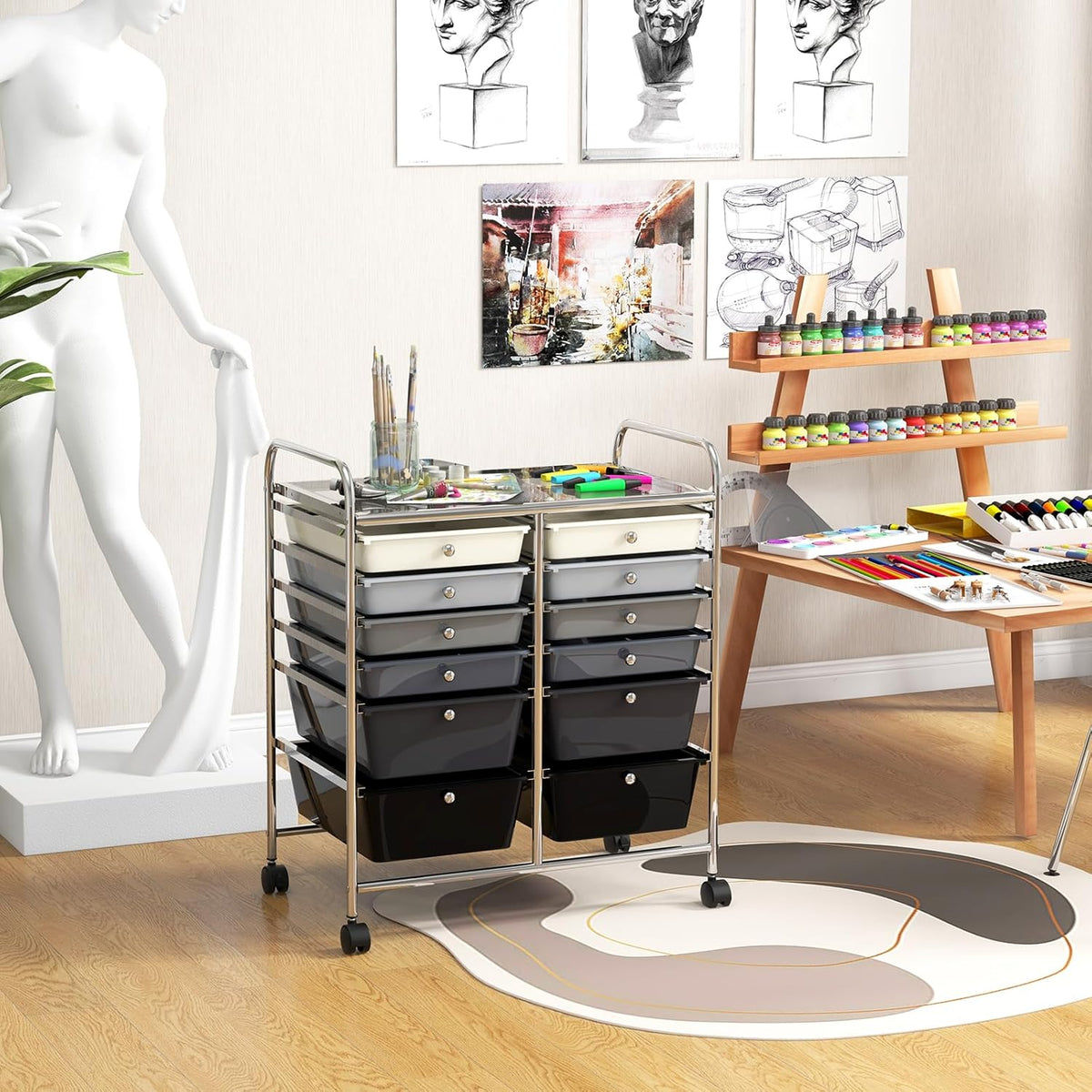 GOFLAME 12-Drawer Rolling Storage Cart, Multipurpose Organizer Cart with 2 Sizes Plastic Drawers