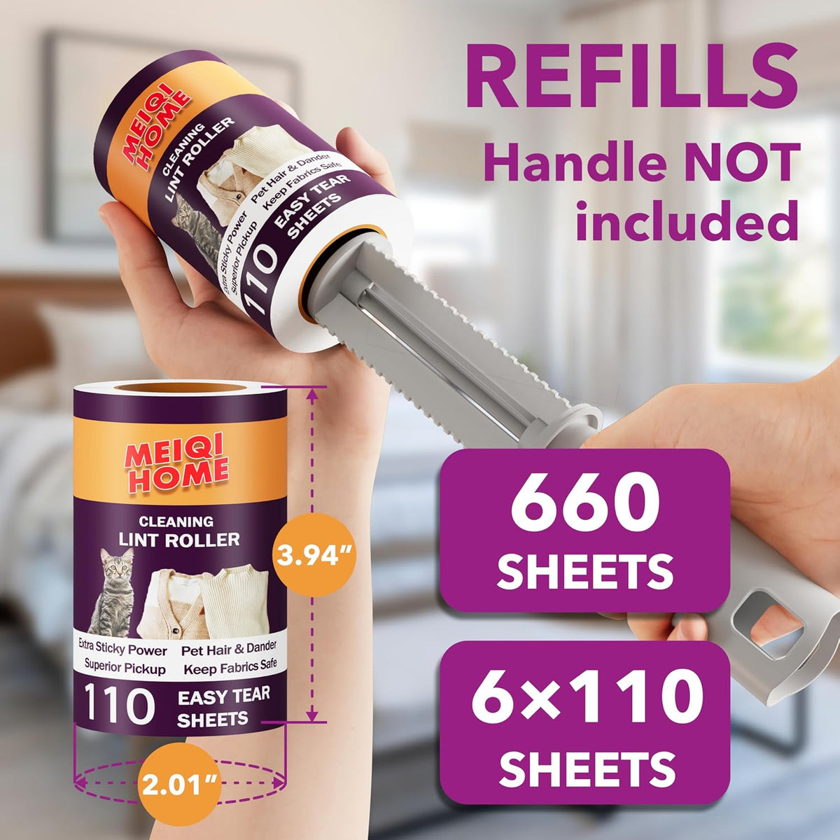 Extra Sticky Lint Roller Refills Only, 660 Easy-Tear Sheets for 3.9"-4" Lint Rollers with 1.5"