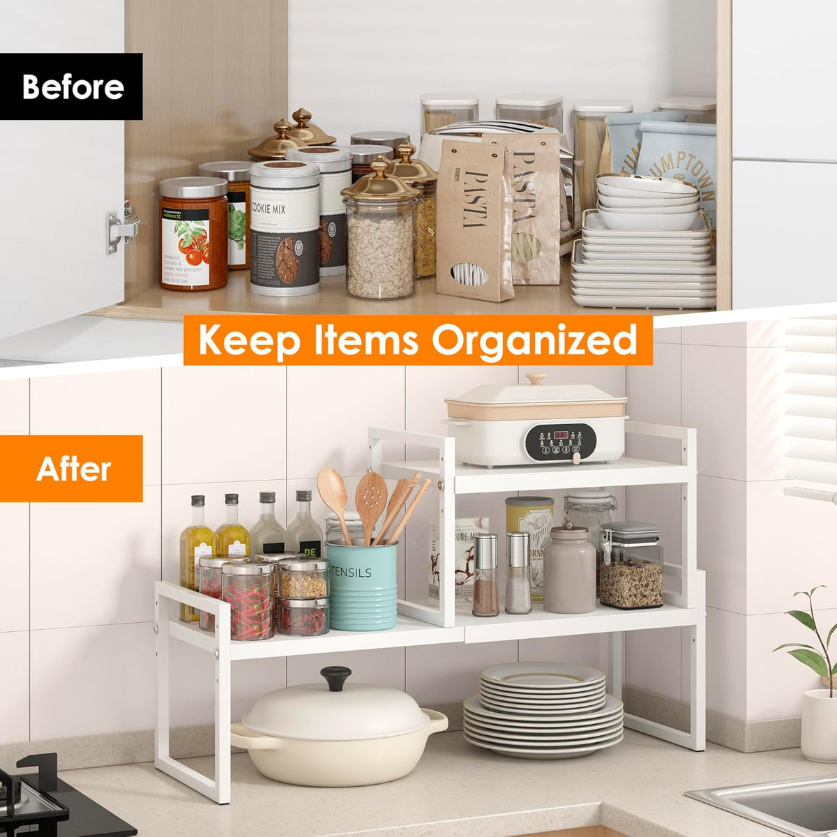 DOLALIKE Expandable Kitchen Countertop Organizer, Stackable Cabinet Shelf Organizers, Space Saving