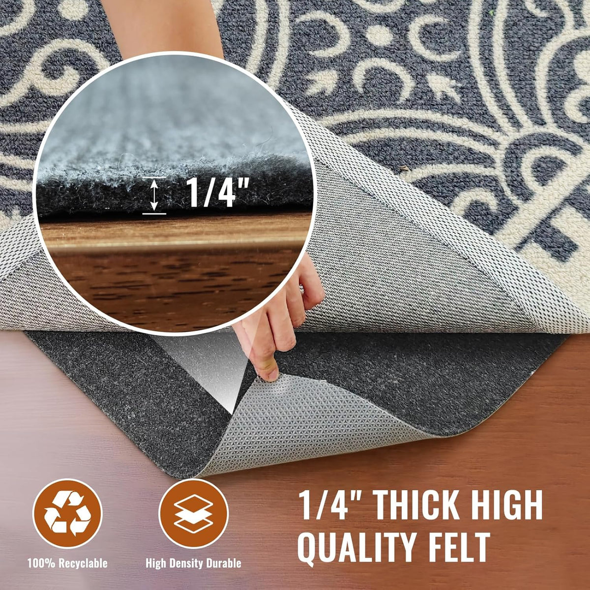 Felt Rug Pad, 3 x 5 Ft Rubber Non-Slip Rug Pad Gripper, Keep Rugs Secure and in Place, Extra Strong