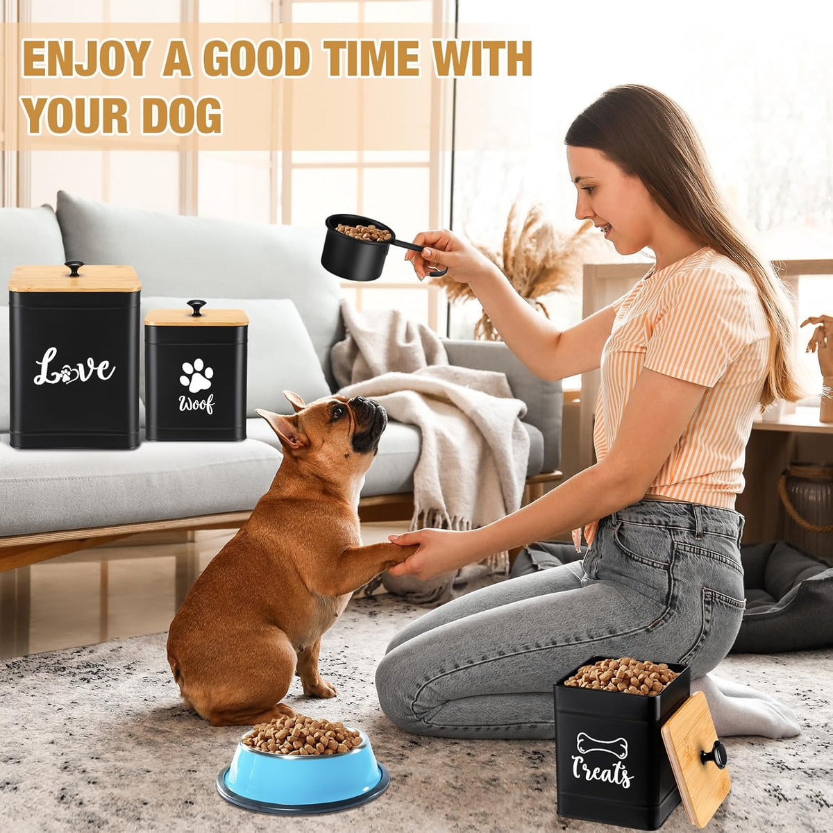 Metal Dog Treat Containers Set of 3 with Bamboo Lids and Spoon Airtight 7+3+2 lbs Dog Food Snack