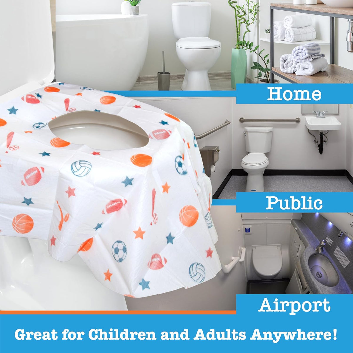 Toilet Seat Covers Disposable (6 Pack, Sports) - XL Waterproof Toilet Cover for Toddlers, Kids &