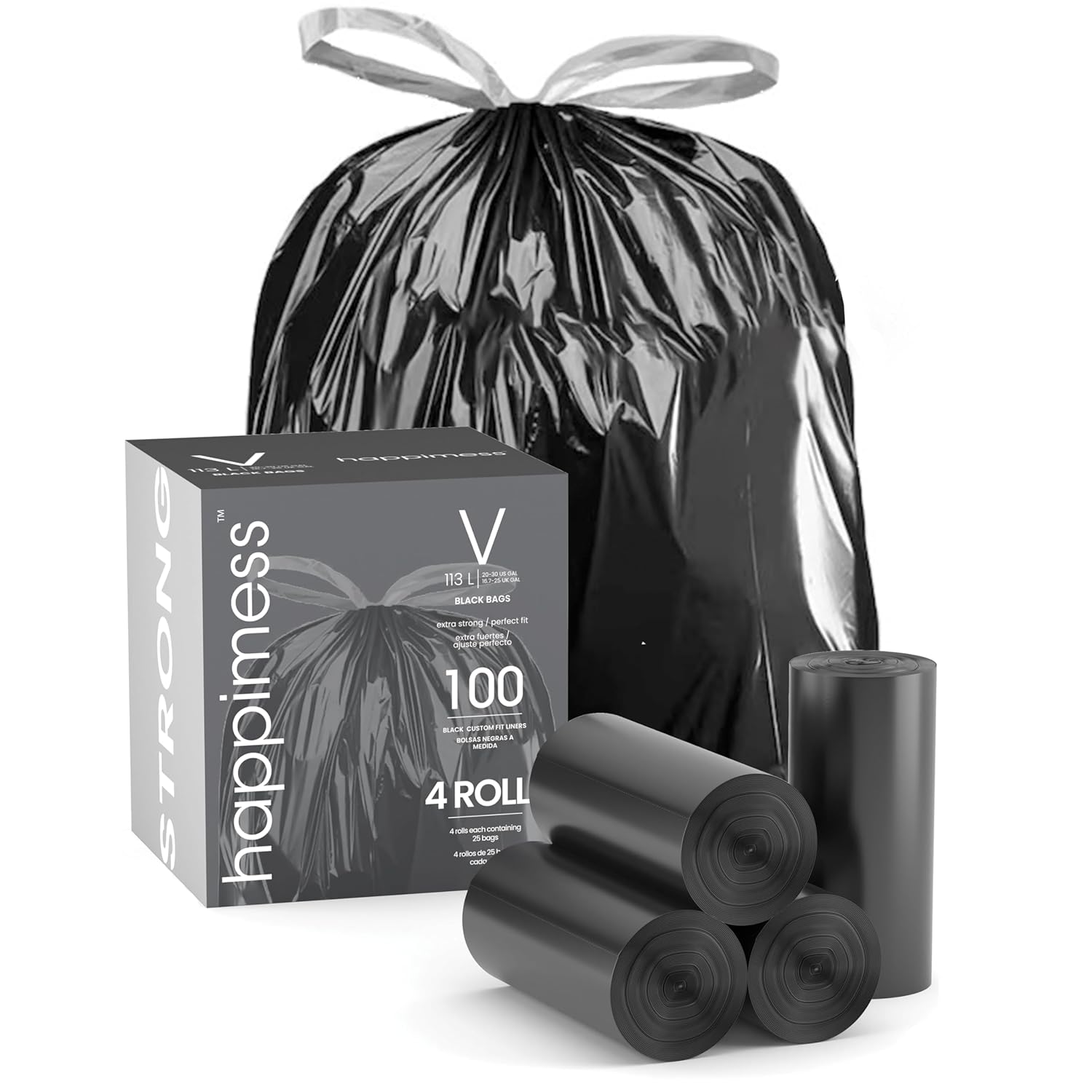 happimess HPM3000V-BLACK 30 Gallon Drawstring Unscented Trash Can Liner for Business Home Kitchen